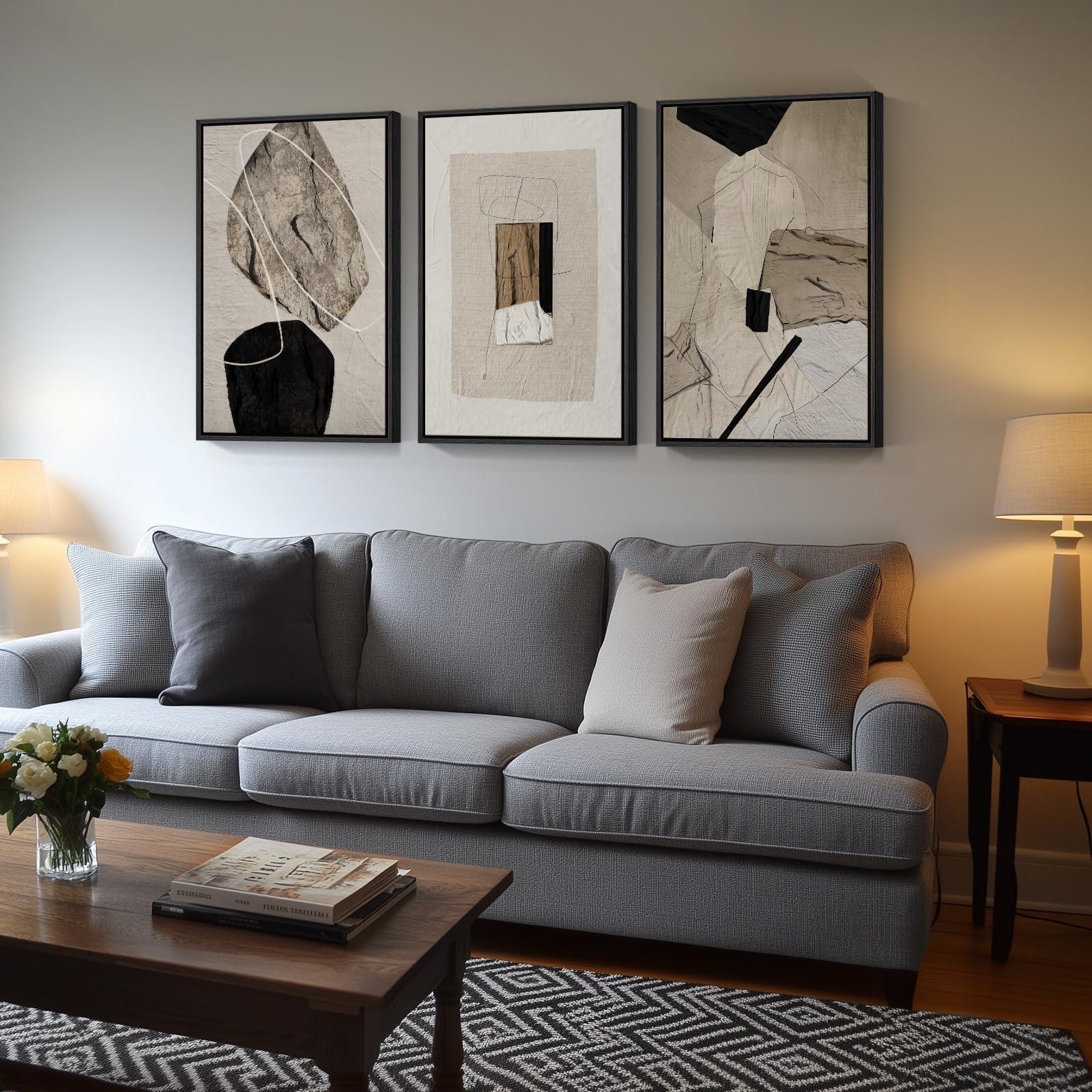 Large Framed Neutral Abstract Wall Art for Living Room, 3 Piece Modern Canvas Prints Paintings Artwork for Walls, Black and Beige Pictures for Living Room Hallway Stair Office Wall Decor 24x36 Inch - Image 2