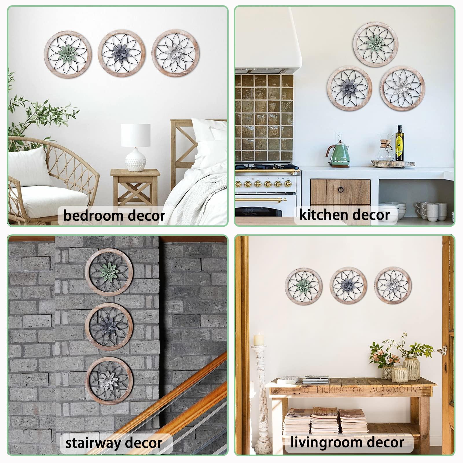 Paquesta 3 Piece Round Farmhouse Wall Decor with 6 Piece Interchangeable Flowers 12'' Medallion Wood & Metal Rustic Wall Art for Living Room Bedroom Kitchen Bathroom Dining Room Home Decorations - Image 5