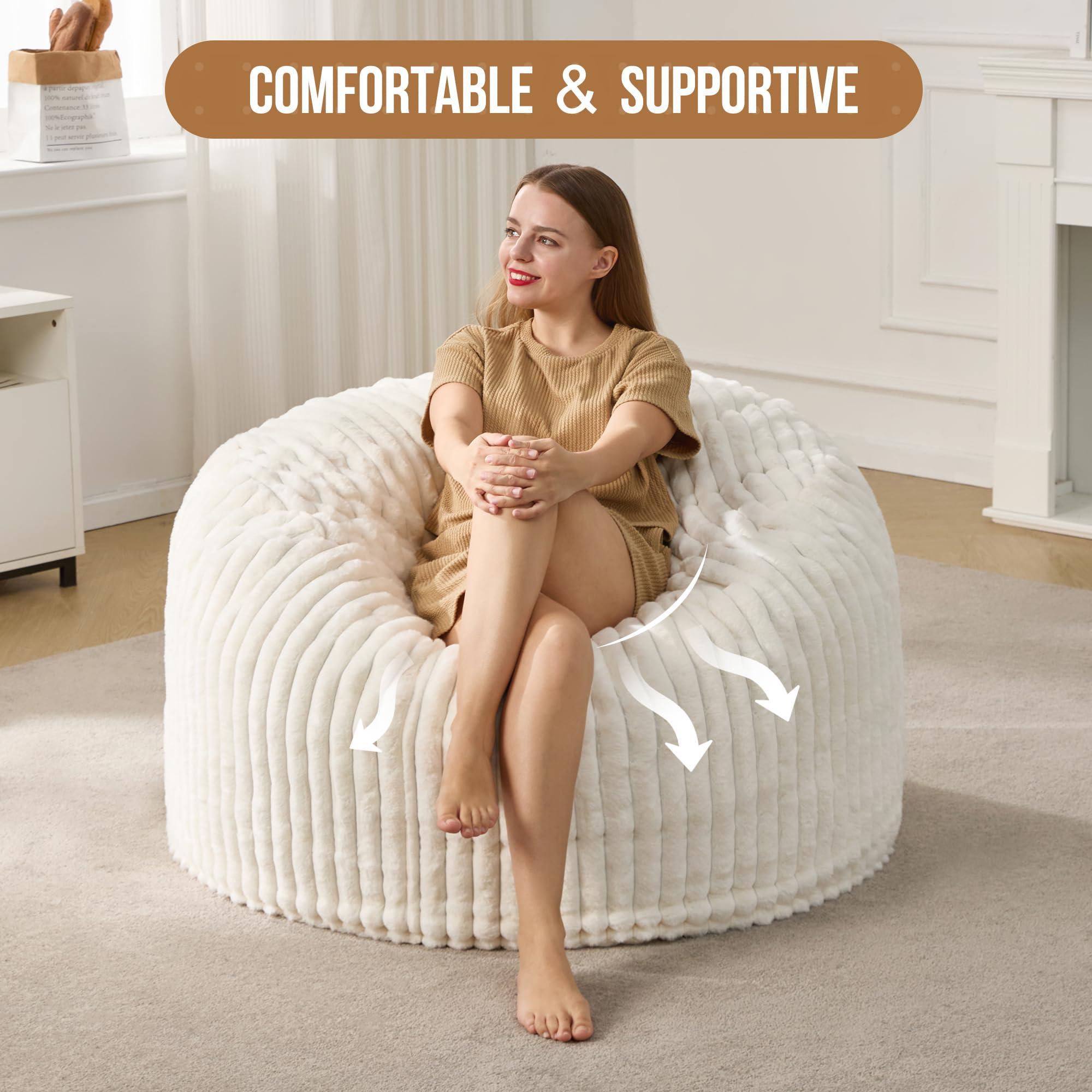 Hobestluk 3ft Bean Bag Chairs for Adults Large Beanbag Chair with Stripe Plush Cover Big Bean Bag Chair for Living Room Bedroom Dorm Office - White (36” x 36” x 22”) - Image 5