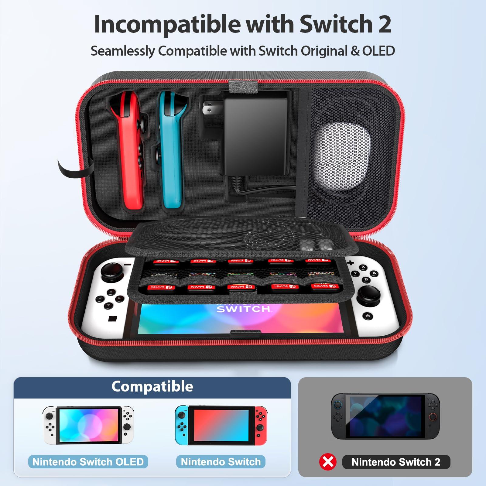 Switch OLED Carrying Case Compatible with Nintendo Switch & Switch OLED, Portable Switch Travel Carry Case Fit for Joy-Con and Adapter, Hard Shell Protective Switch Pouch Case with 20 Games, Red - Image 2
