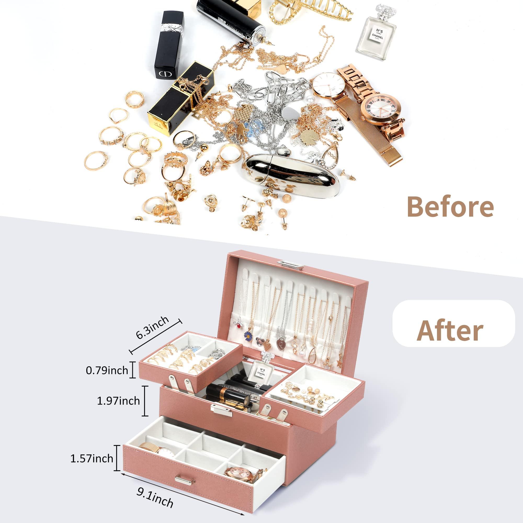 Dajasan Jewelry Organizer Box, Jewelry Box Organizer for Women Girls, 3 Layers Large Jewelry Storage Case for Earring, Rings, Necklaces Bracelets, Watch (Rose Gold) - Image 5