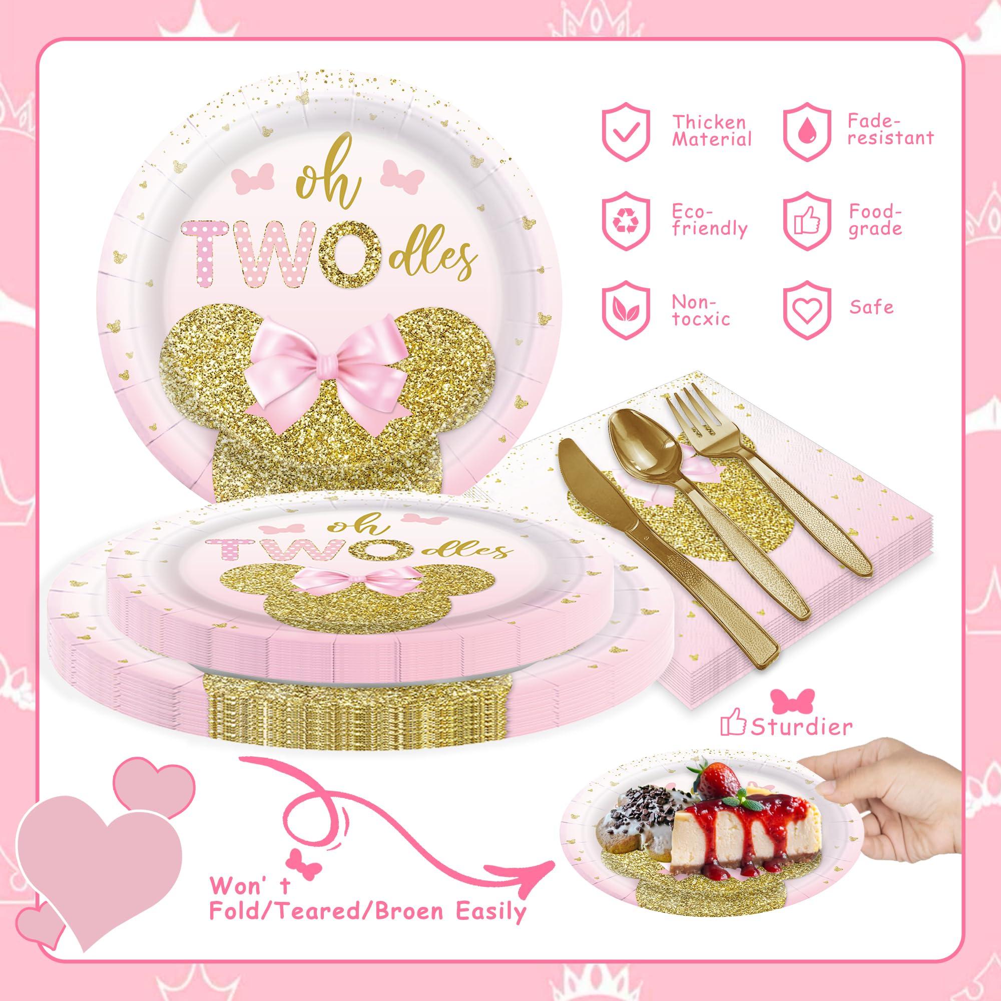 168pcs Oh Twodles Birthday Decorations Girls 2nd Plates Napkins Pink Mouse Party Supplies Two Years Old Paper Tableware Set Disposable Birthday Party Dinnerware Kids Serve 24 Guests - Image 4