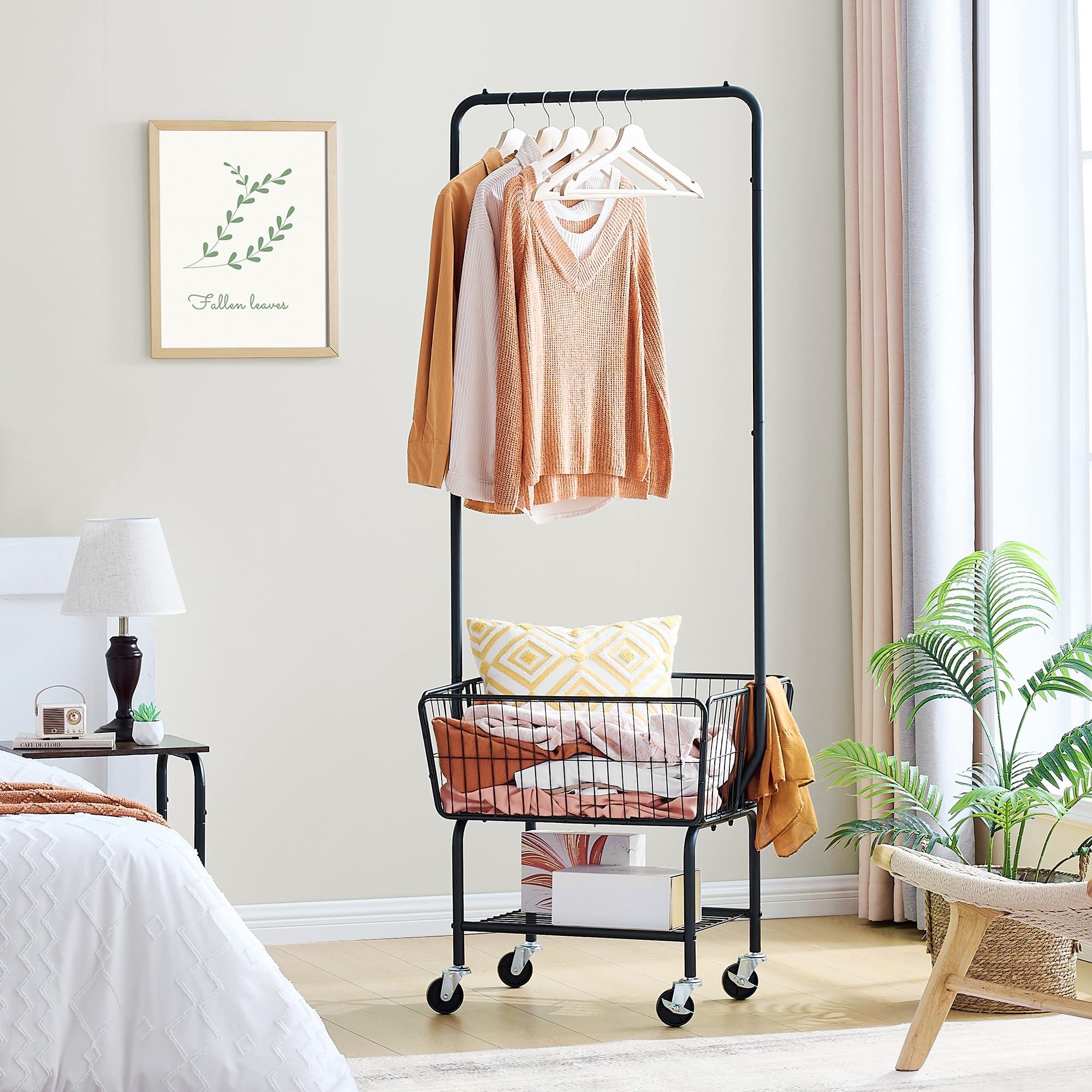 Tajsoon Laundry Cart with Hanging Rack, Metal Laundry Basket with Wheels, Laundry Hamper with Storage Basket and Shelf, Rolling Laundry Cart with Wheels, Black - Image 7