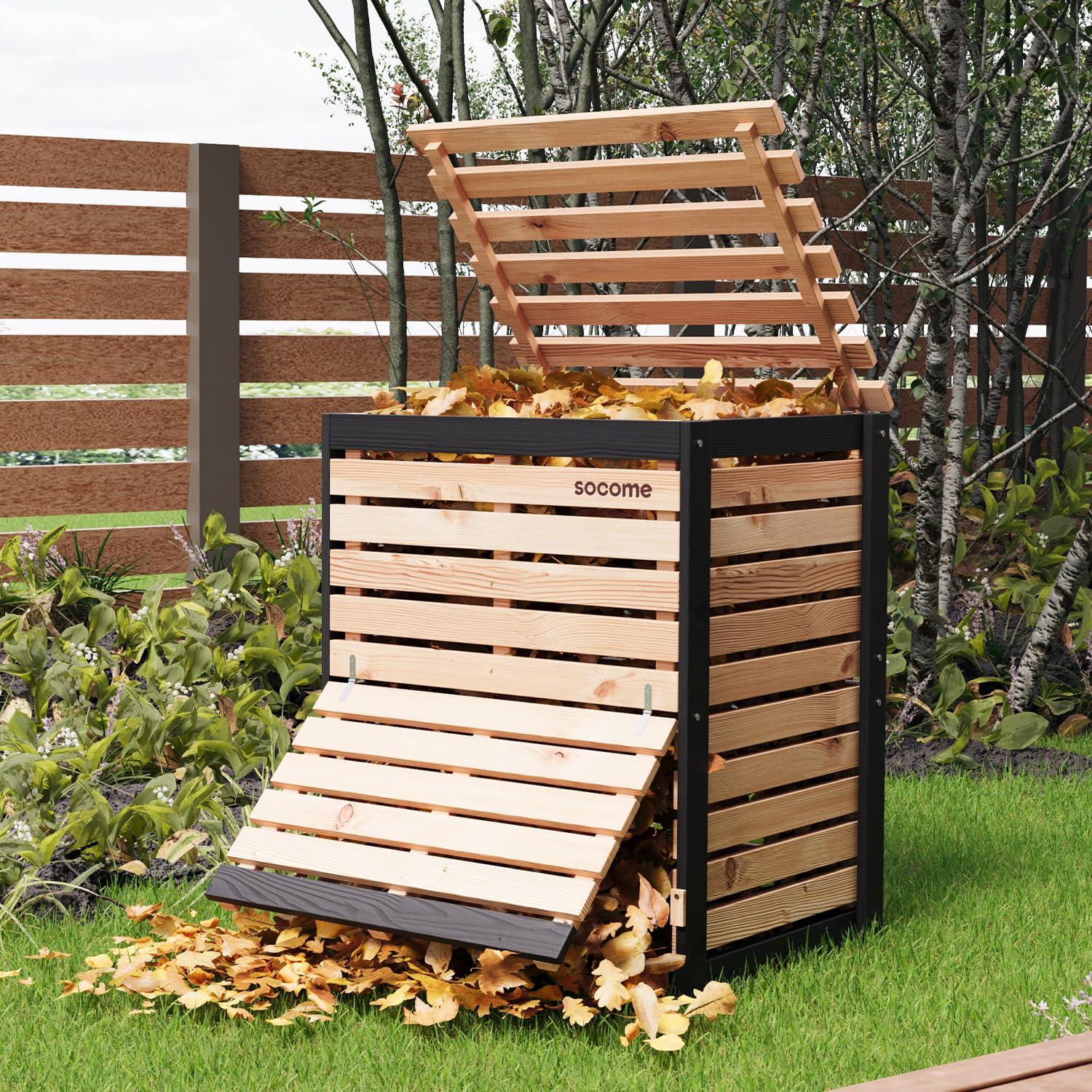 SOCOME 95 Gallon Solid Wood Composter, Outdoor Compost Bin with Pull-Out Door, Large Composting Bin for Backyard, Garden, Patio, Natural