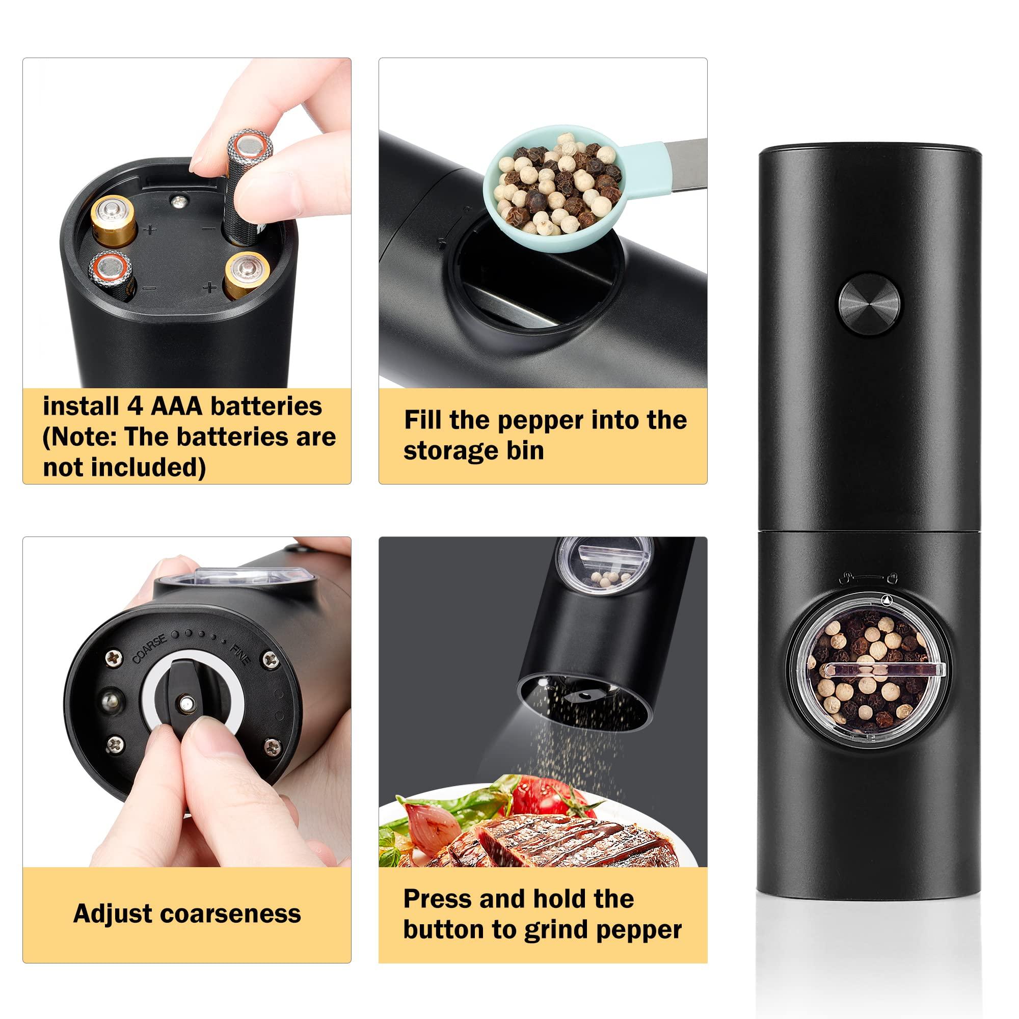 Electric Pepper Grinder or Salt Mill, Battery Powered Automatic Pepper Mill, Ceramic Grinder with Adjustable Coarseness, LED Light, One Hand Operation (1 pack) - Image 4