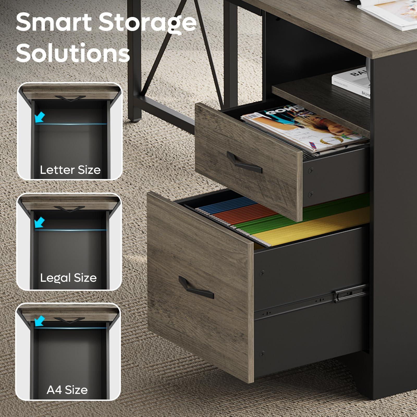 Bestier L Shaped Desk with 4 Drawers, 63" x 47" Executive Desk with Open Storage & Monitor Stand, Corner Desk with 2 File Drawers & Modesty Panel for Home Office, Gray - Image 3