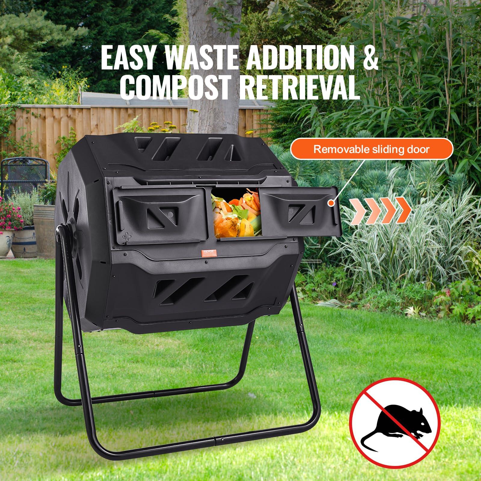 VEVOR Compost Bin, 43-Gal Dual Chamber Composting Tumbler, Large Tumbling Rotating Composter with 2 Sliding Doors and Steel Frame, BPA Free Composter Bin Tumbler for Garden, Kitchen, Yard, Outdoor - Image 3
