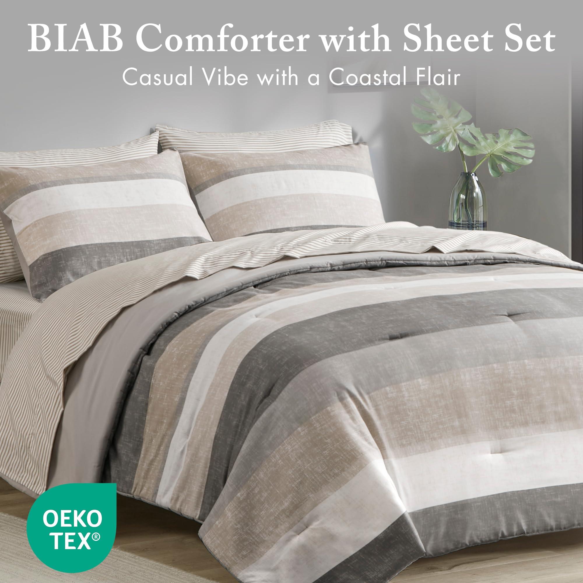 Madison Park Essentials Queen Comforter Set, Bed in A Bag Comforter & Sheet Set, Modern Casual Stripes Print, All Seasons, Soft Microfiber Bedding Makeover, Matching Shams, Queen Taupe/Grey 7 Piece - Image 2