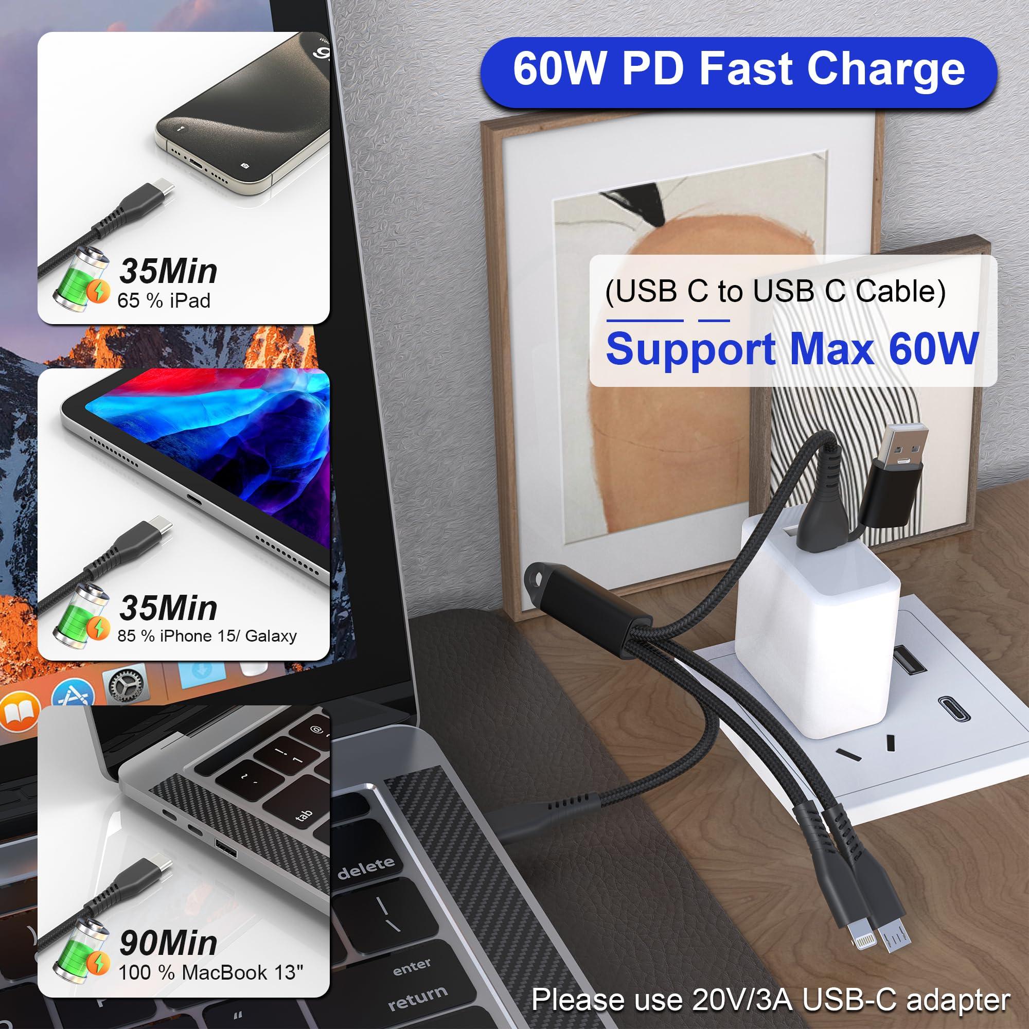 5in1 Multi Charging Cable Fast Charging 60W - Short Universal USB Keychain Cable - Portable Nylon Braided Charging Cord with Type C[MFi & 3A Fast Charge & Data Sync & Carplay]Micro USB/Lightning Ports - Image 3