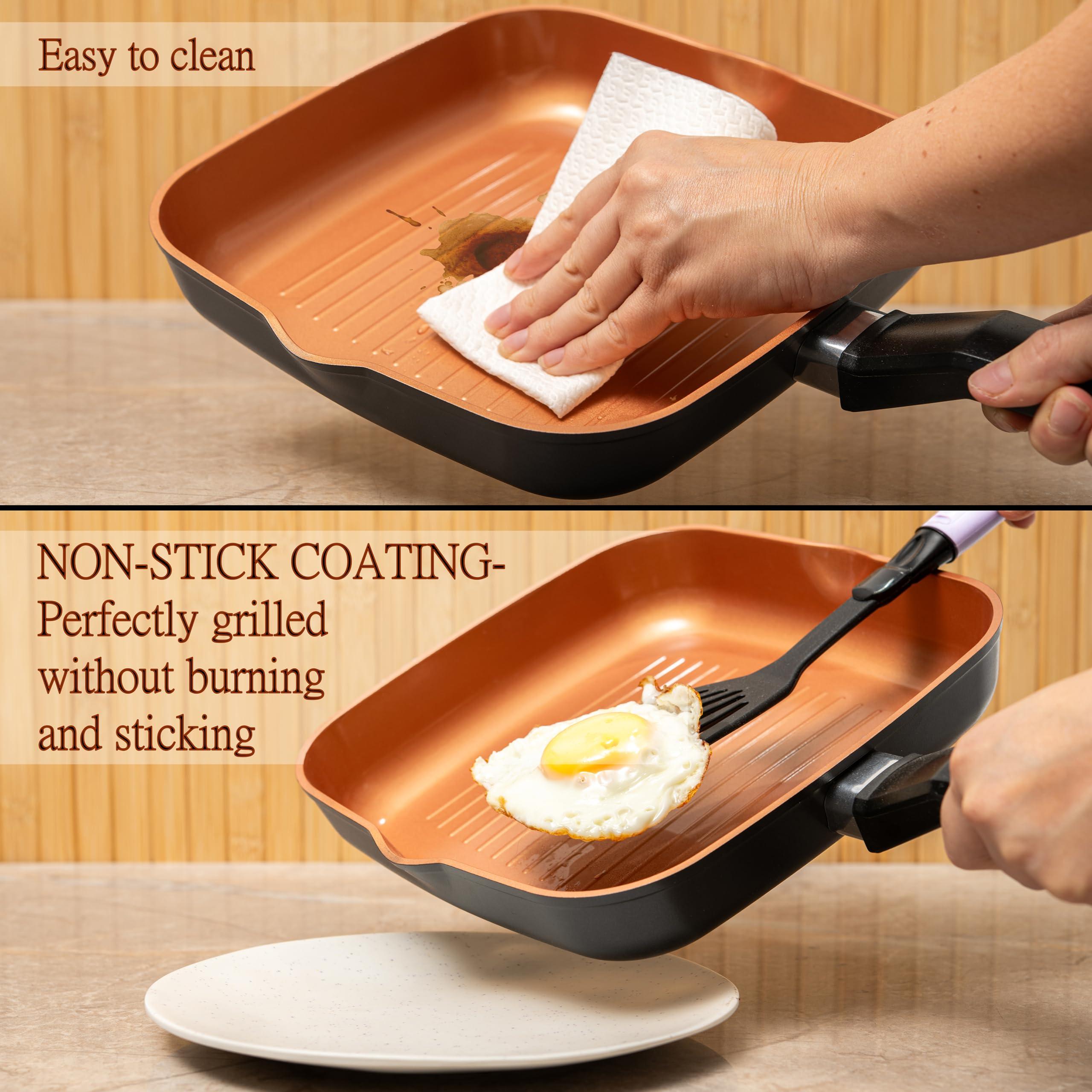 Moss & Stone Square Grill Pan For Indoor Cooking, 9.5In Frying Pan Copper Non-Stick Saute Fry Pan, Induction Copper Pan for Meats & Vegetables, Aluminum Griddle Nonstick Stove Top Grill Pan - Image 4