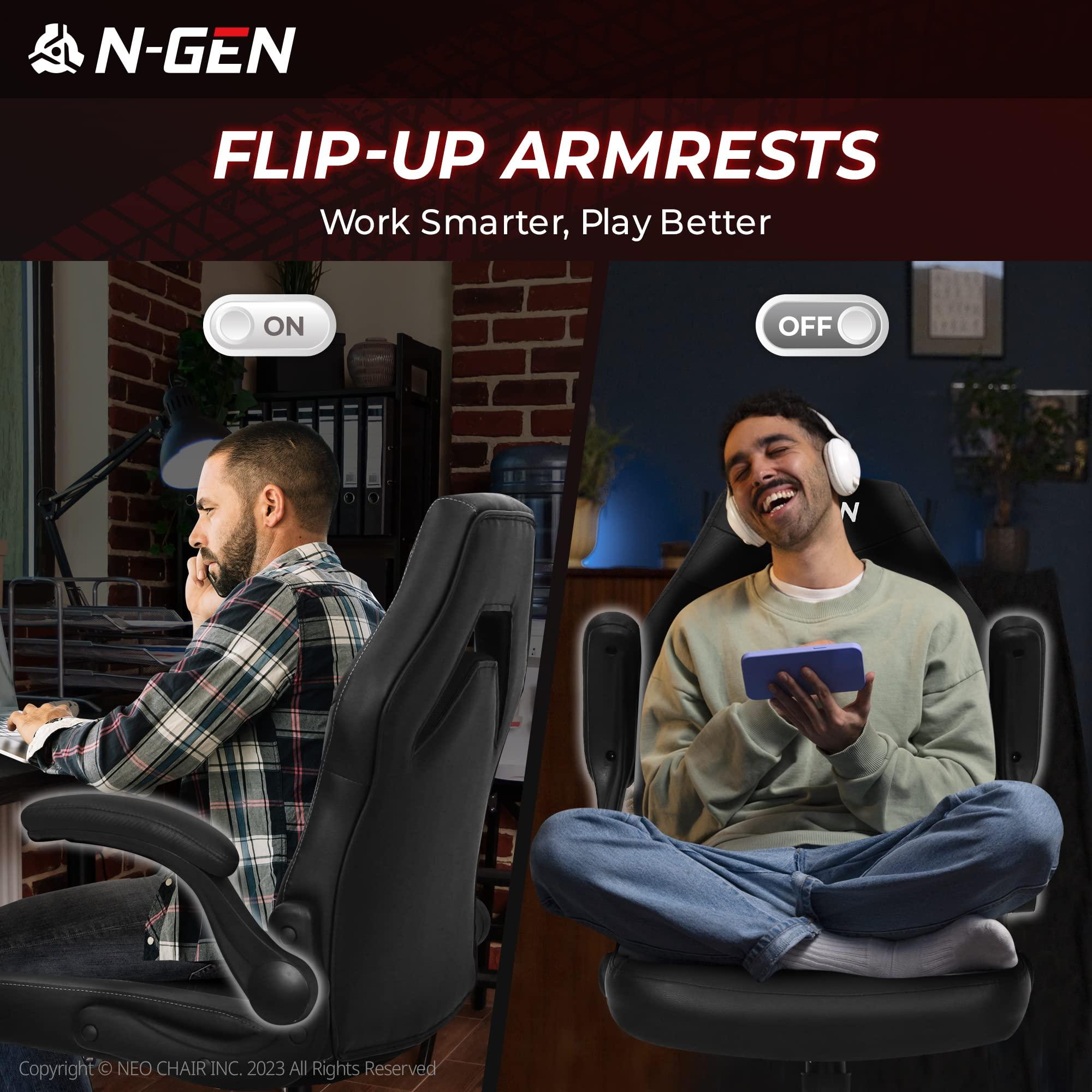 N-GEN Video Gaming Chair Ergonomic Computer Desk Office Chair with Lumbar Support Adjustable Height Swivel Wheels Flip-Up Arms PU Leather Home and Office (Black) - Image 6