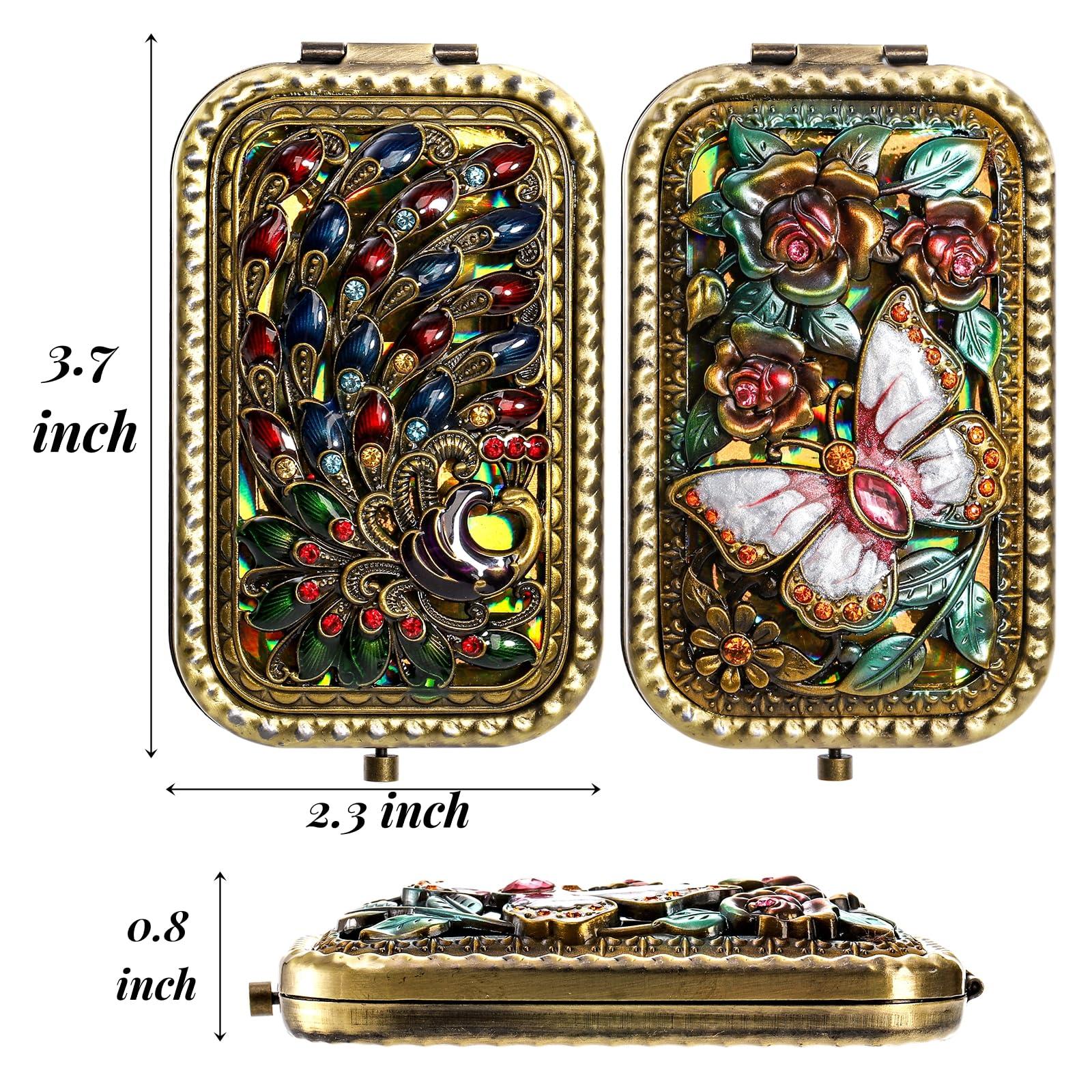 Eorbow 2 Pcs Vintage Foldable Makeup Mirror, Portable Cosmetic Pocket Mirror, Double Sided Butterfly Peacock Vanity Mirror, Metal Compact Small Folding Travel Mirror for Woman Girls - Image 3