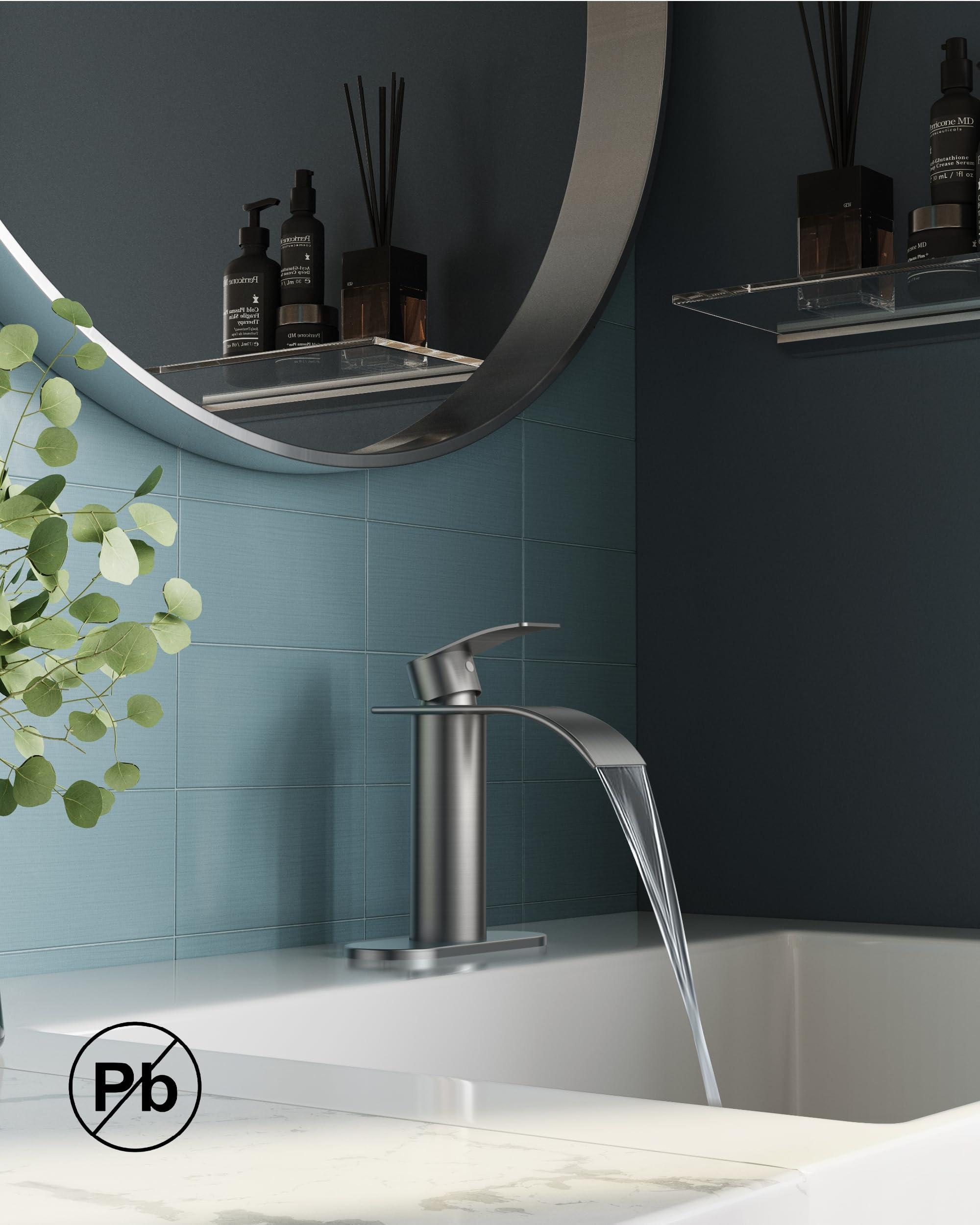 FORIOUS Waterfall Bathroom Faucet 1 Hole, Brushed Nickel Single Handle Bathroom Sink Faucets for 1 or 3 Hole with Deck Plate, Metal Pop up Drain, cUPC Hoses for Vanity, Basin, Rv, Lavatory Sink - Image 2