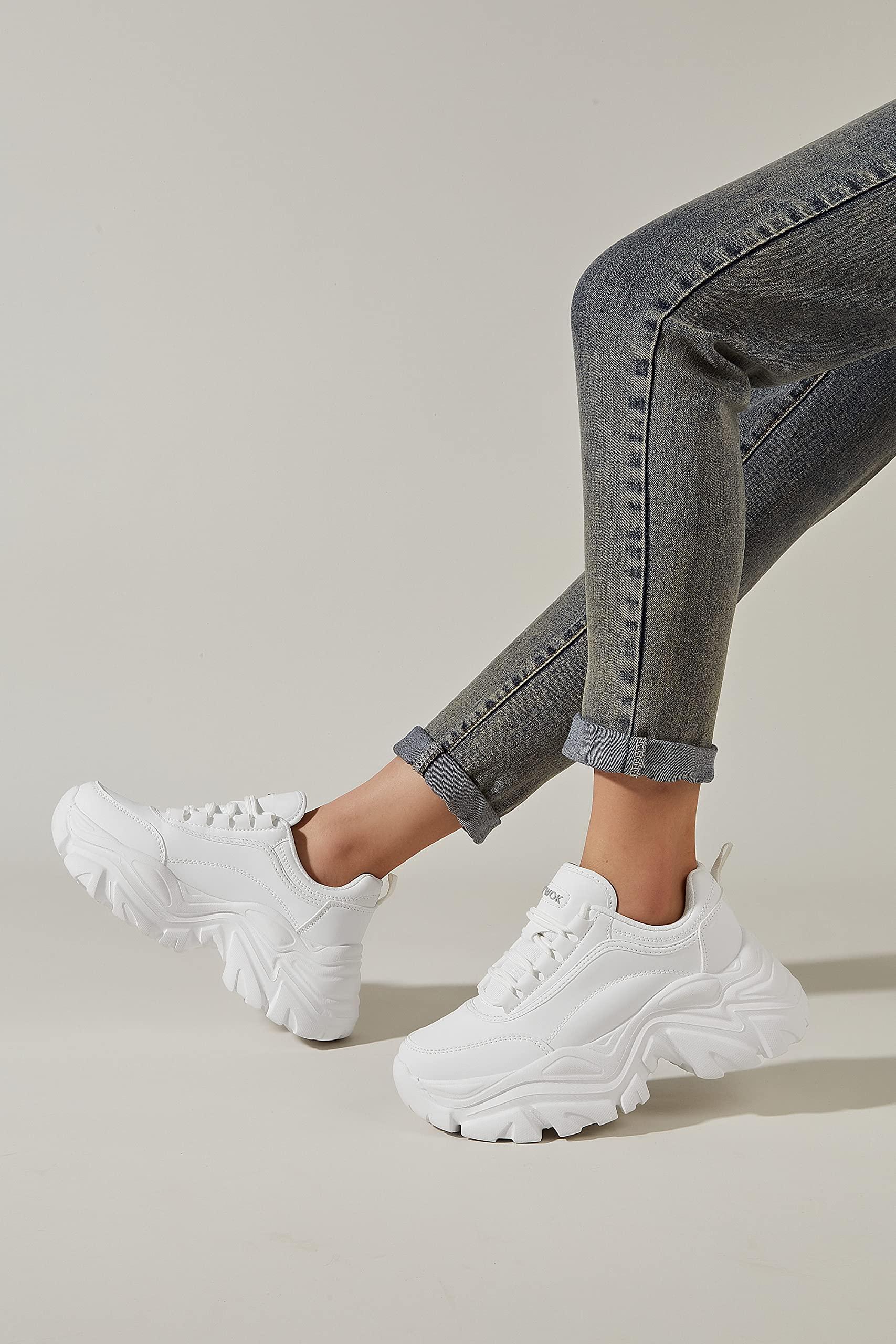 K KIP WOK Chunky Sneakers for Women Fashion Platform White Leather Casual Dad Shoes Comfortable Wedge Walking Sport Sneakers - Image 7