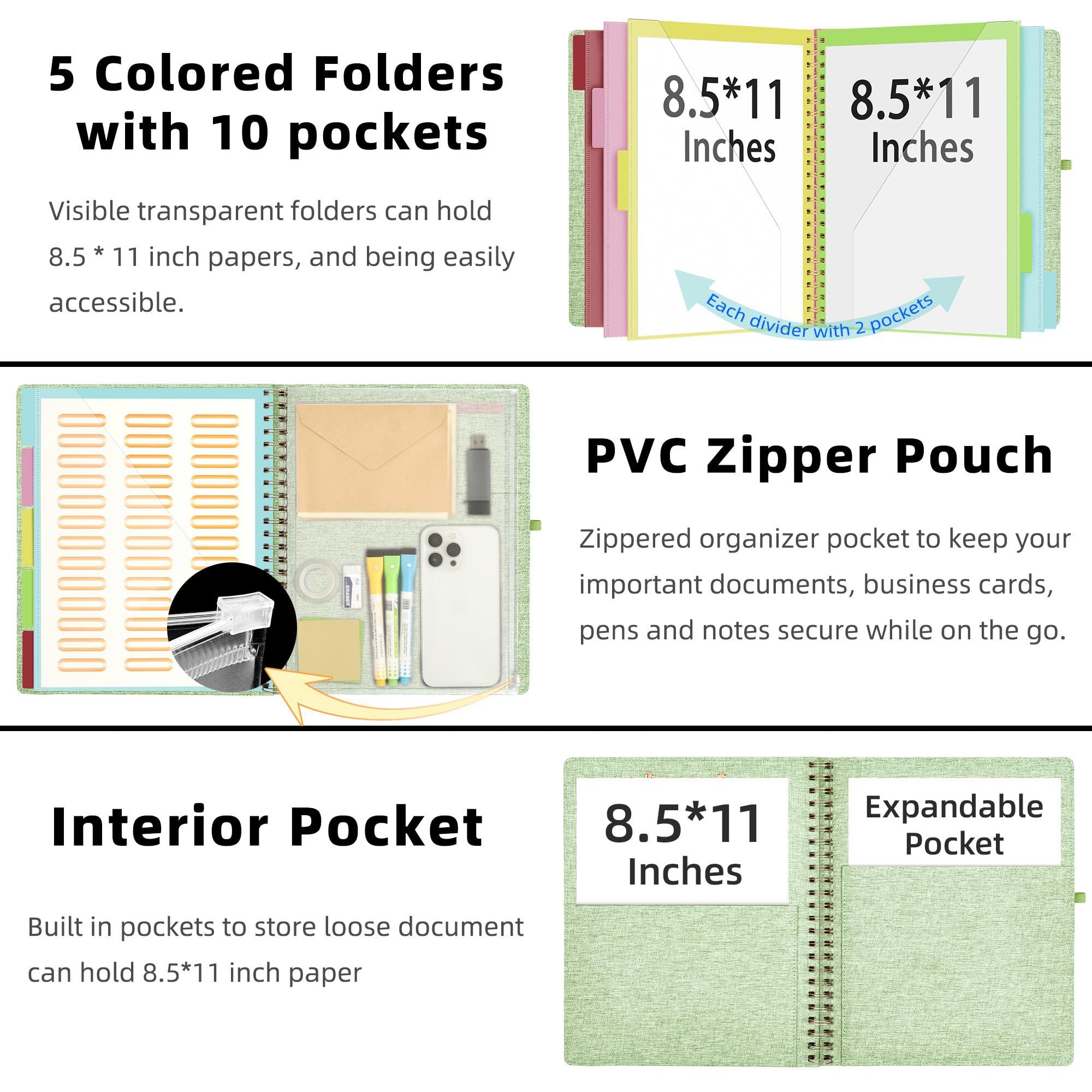 Ospelelf Green Foldable Spiral Clipboard Folio with Storage Zipper Pouch, 5 Plastic Folders with 10 Pockets, Refillable Lined Notepad (11" x 8.5"), Linen Hardcover Project Organizer - Image 3