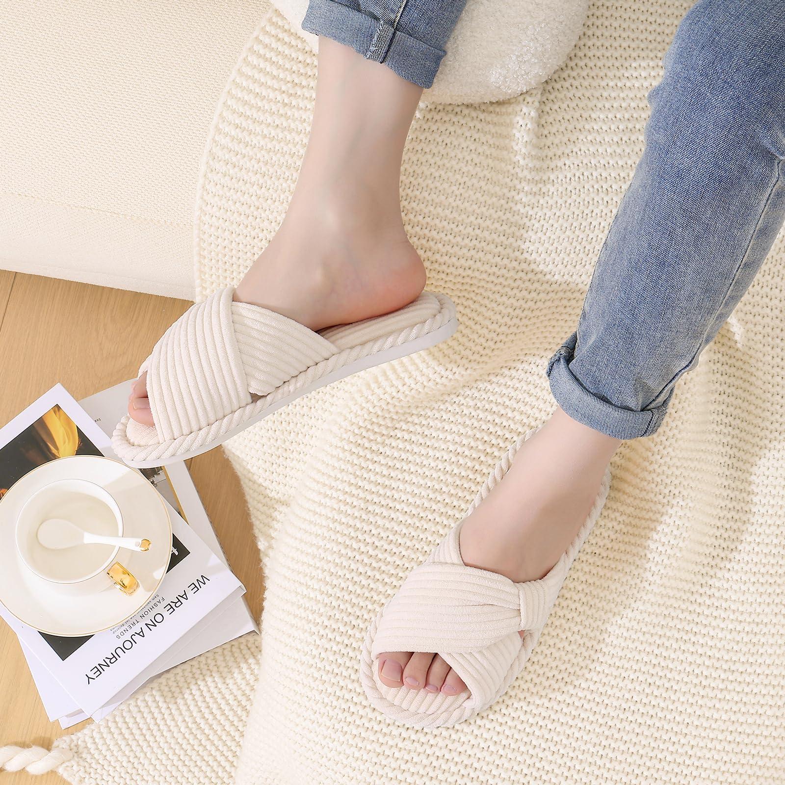 Evshine Summer House Slippers for Women Corduroy Cross Bow Indoor Slippers Open Toe Slip On Bedroom Shoes with Memory Foam - Image 2