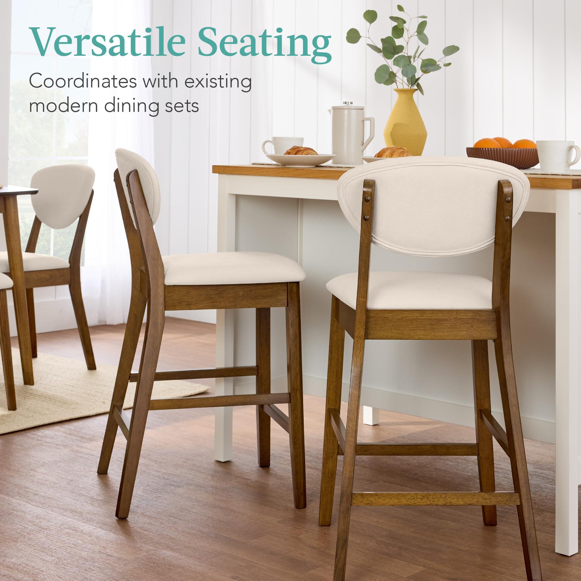 Best Choice Products Bar Stool Set of 2, Mid-Century Modern Upholstered Wood, Armless Counter Height w/Seat Cushion, Backrest - Walnut/Cream - Image 4