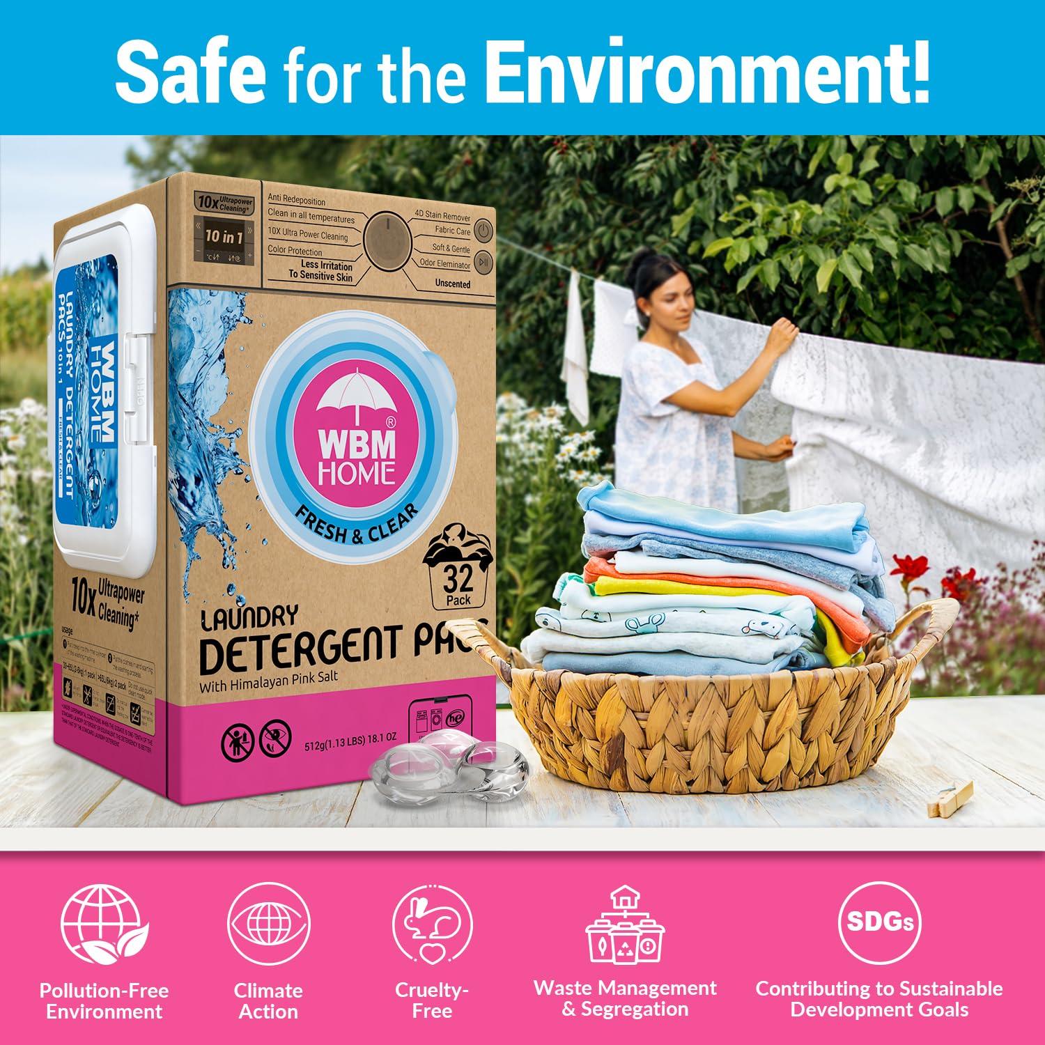 WBM Home Laundry Detergent Pods, 32 Count | Fresh & Clear Unscented | Laundry Pods 10x Ultrapower Cleaning With Color Protection and Eco-Friendly Packaging - Image 3