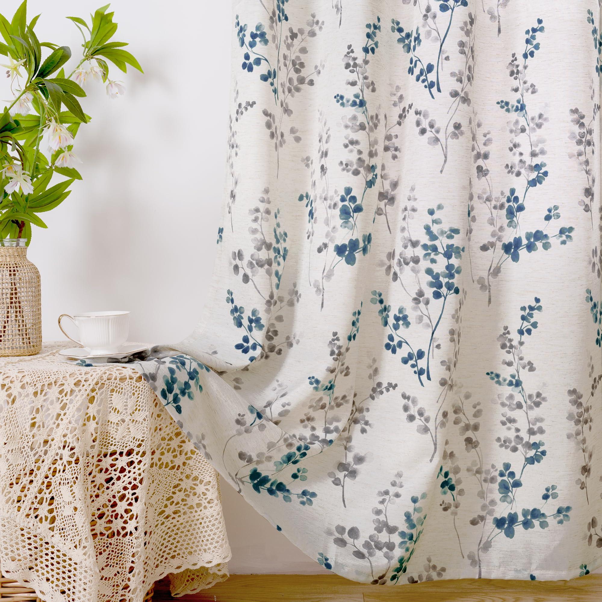 BGment Linen Curtains for Living Room 84 Inch Length 2 Panels Set Floral Leaf Patterns, Light Filtering Privacy Window Curtains for Bedroom Boho Farmhouse Vintage, Each 52 Inch Wide, Navy - Image 8