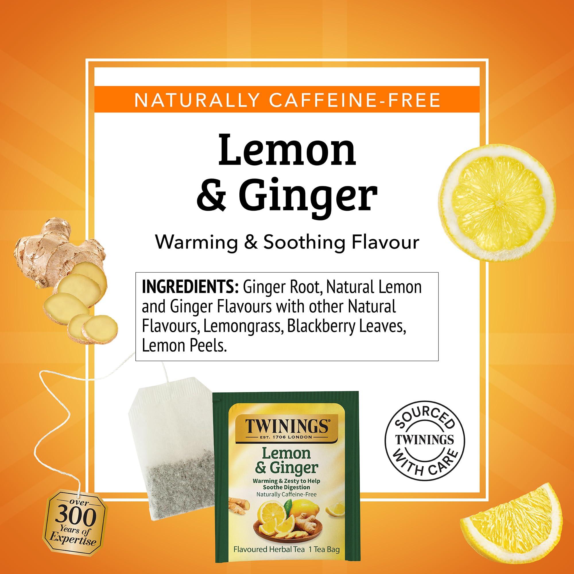 Twinings Lemon & Ginger Herbal Tea Individually Wrapped Bags, 100 Count (Pack of 1), Tangy Lemon, Spicy Ginger, Naturally Caffeine-Free, Enjoy Hot or Iced | Packaging May Vary - Image 4
