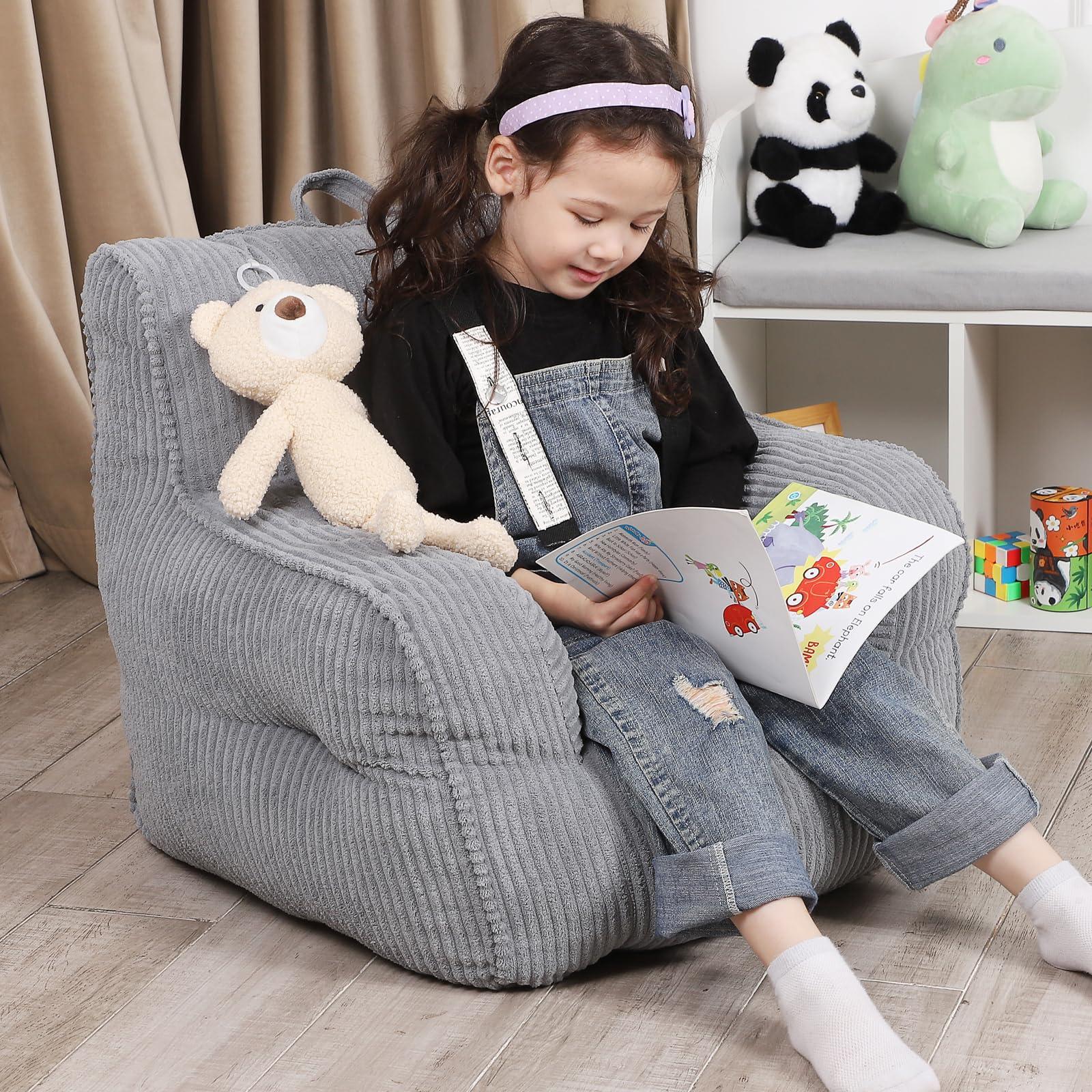 MOMCAYWEX Kids Bean Bag Chair with a Plush Bear, Comfy Toddler Chair for Boys and Girls, Grey - Image 2