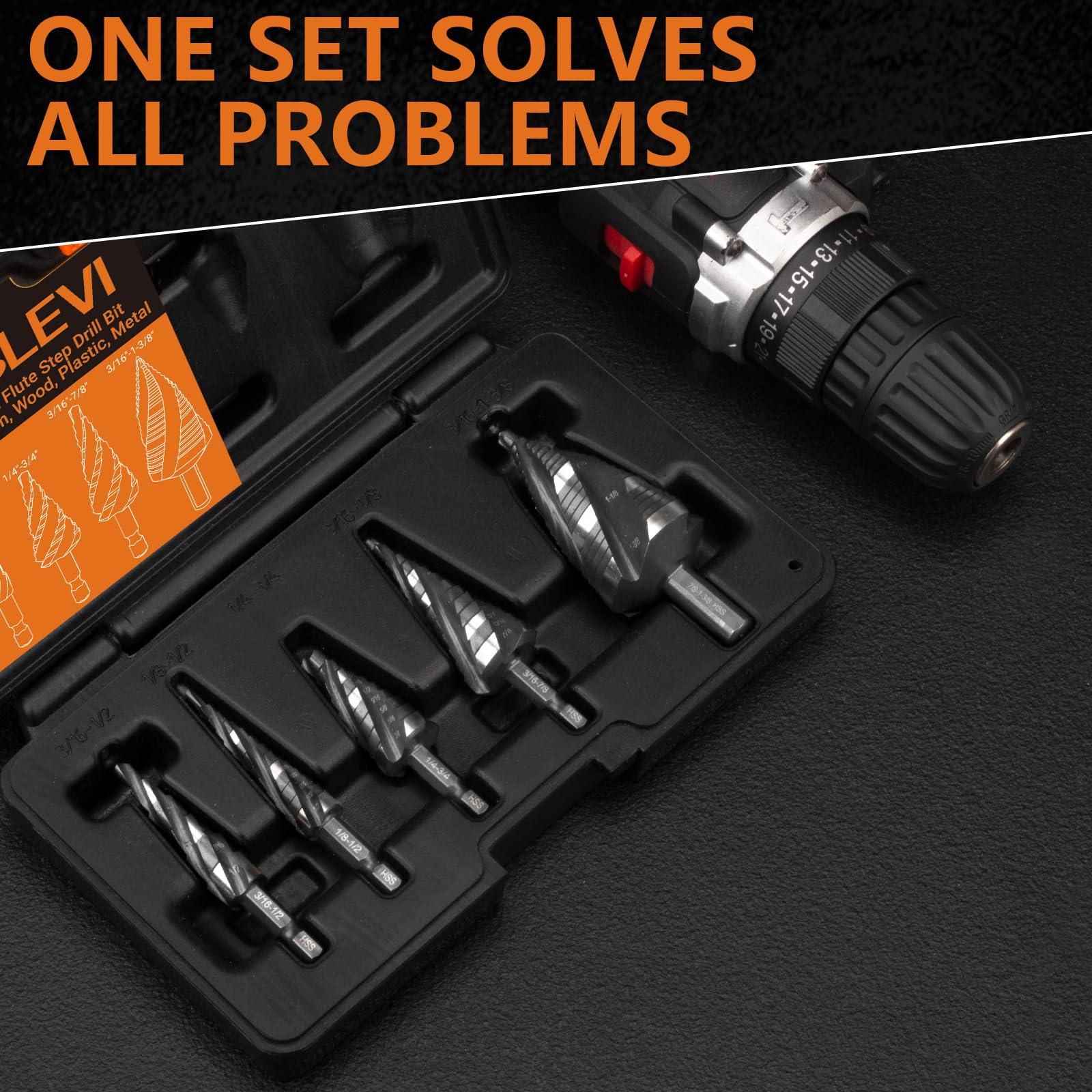 MABLEVI 5 Pcs Four Spiral Flute Step Drill Bit Set, 1/8"-1-3/8" HSS Unibit Step Drill Bit, 1/4" and 3/8" Shank Step Bit for Metal, Stainless Steel, Aluminum, Wood, Plastic - Image 4