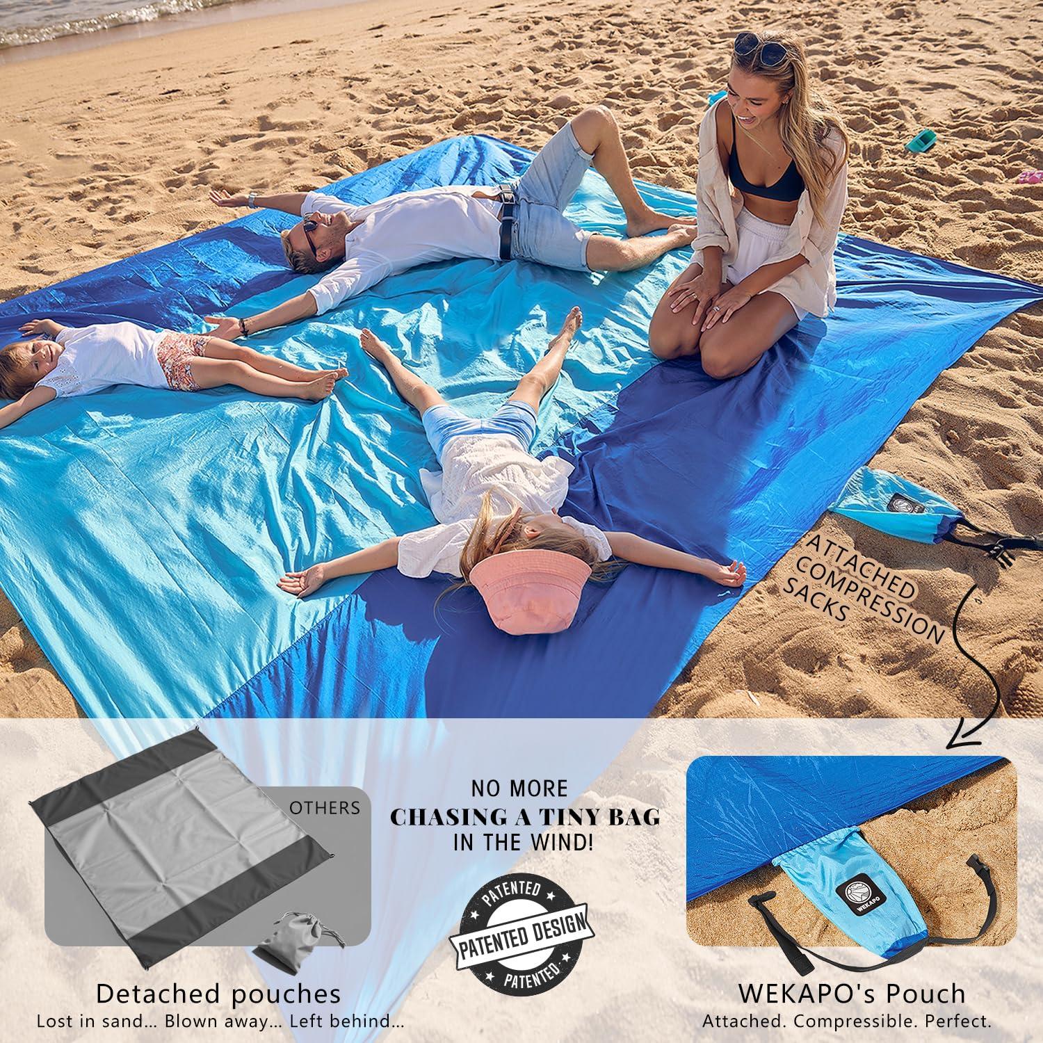 WEKAPO Beach Blanket Sandproof Waterproof, Extra Large Beach Mat, Oversized & Compact Sand Free Mat Quick Drying, Lightweight & Durable with 6 Stakes & 4 Corner Pockets - Image 3