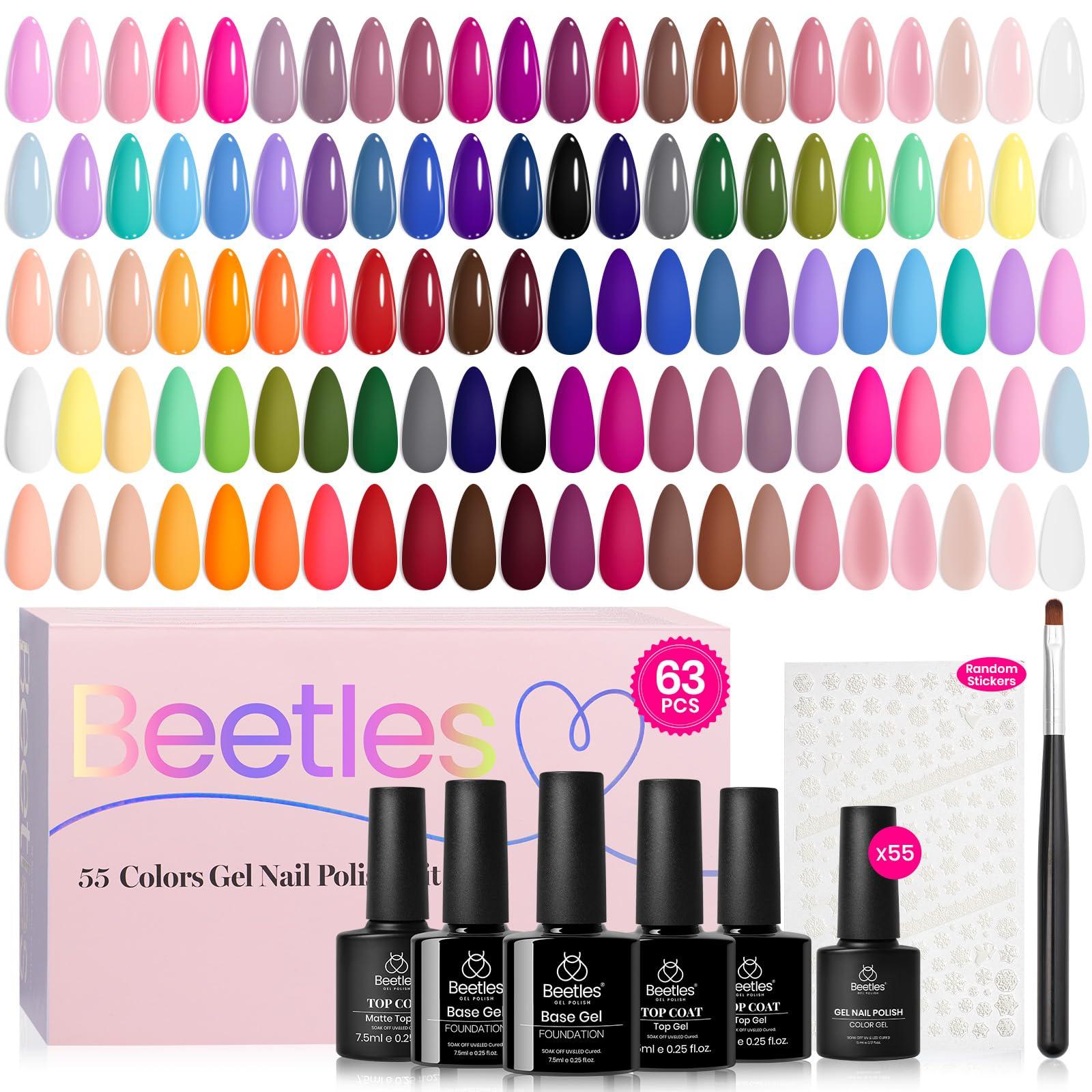 Beetles Gel Nail Polish Set - 63 PCS 55 Colors Summer Gel Polish Kit with 5 Bottles of Base and Glossy Matte Top Coat Soak off Nail Polish Set Pink Green Blue Red Collection Gifts for Women&Girls - Image 8