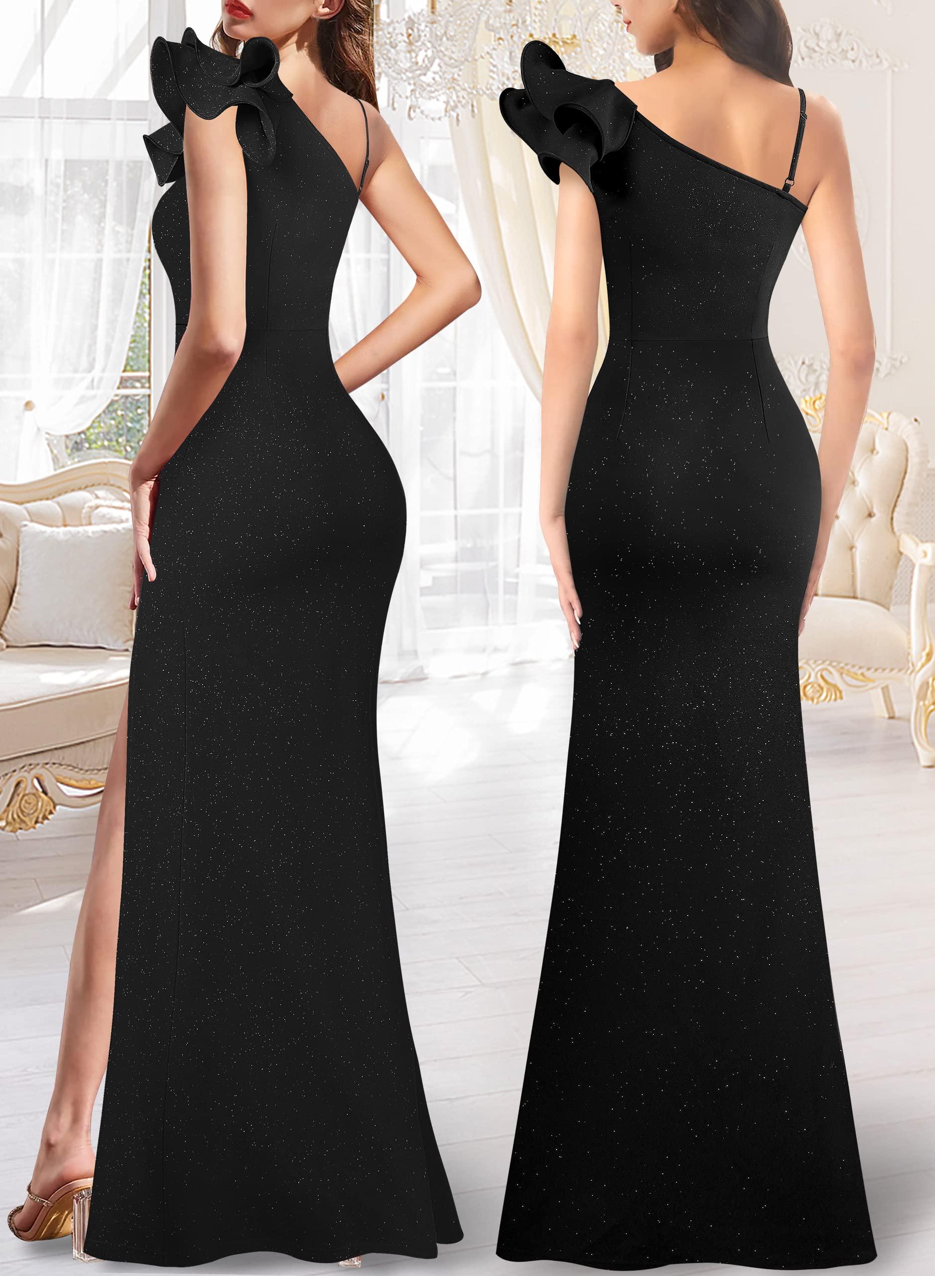 VFSHOW Womens Ruffle One Shoulder Strap Ruched Formal Prom Wedding Maxi Dress V Neck Elegant Split Cocktail Evening Long Gown - Image 2