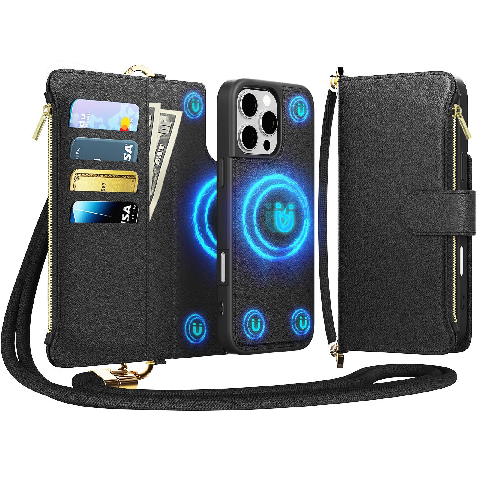 EEIFO for iPhone 16 Pro(6.3 inches) Detachable Wallet Case with Crossbody.Multi-Function 2 in 1 Magnetic Wallet Case with Card Holder.Flip Strap Zipper Phone Case with Shoulder Straps Black