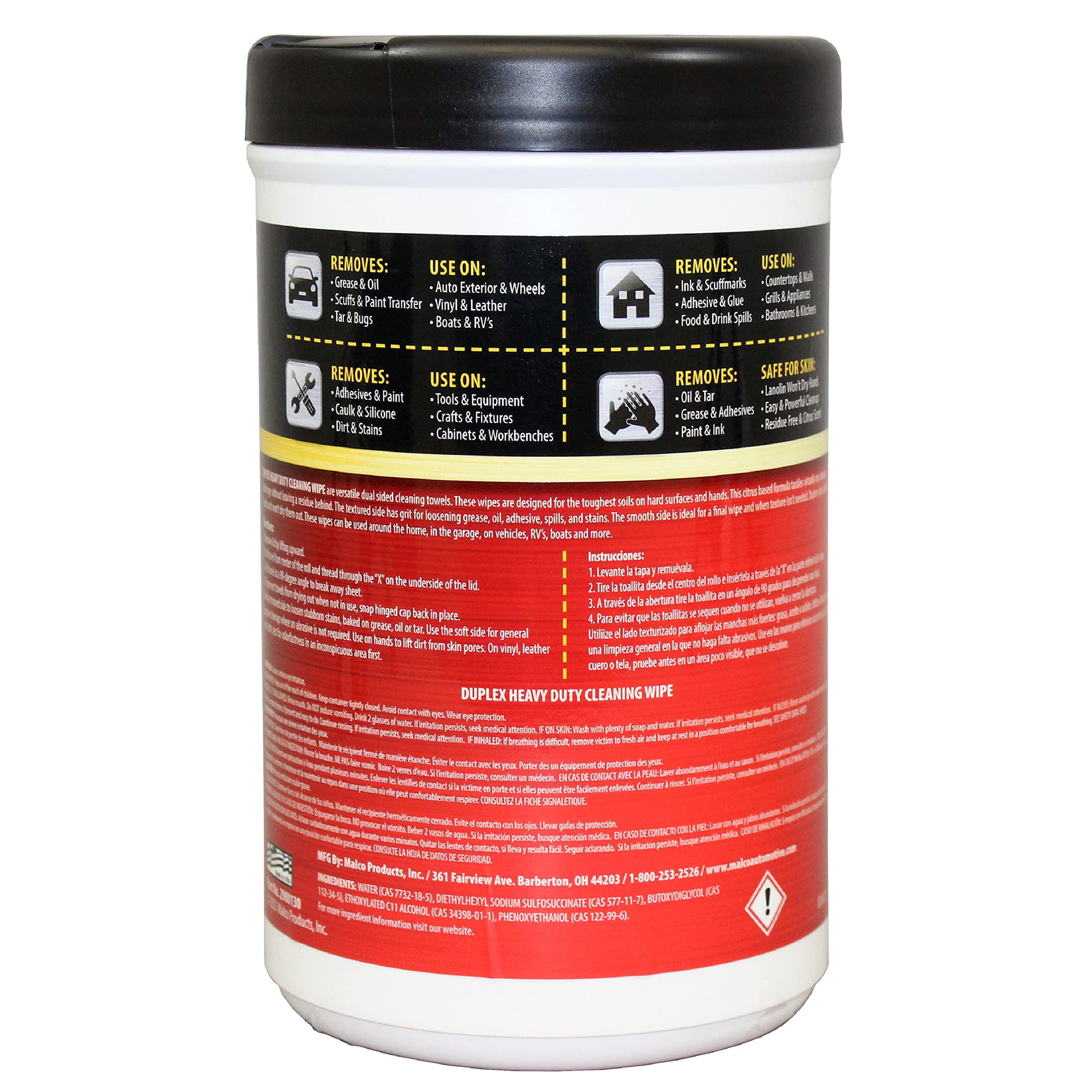 Malco Duplex Heavy Duty Cleaning Wipes for Home and Auto - Dual Sided Textured, Wet Wipe/Removes Grease, Tar, Paint, Oil, Dirt/No Residue/Safe for Hands/Made in USA (130 Wipes) - Image 2