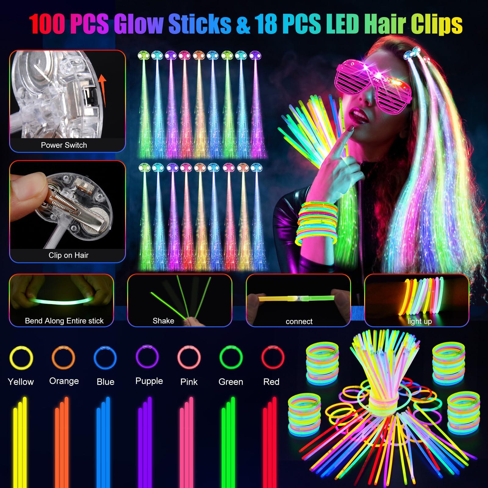 OLUPP 148 PCS Glow in the Dark Party Supplies, 16 Fiber Optic Wands, 14 LED Glasses, 100 Glow Sticks and 18 LED Hair Clips Fiber Optic for Neon Party, Wedding, Birthday, Concert, New Year - Image 6