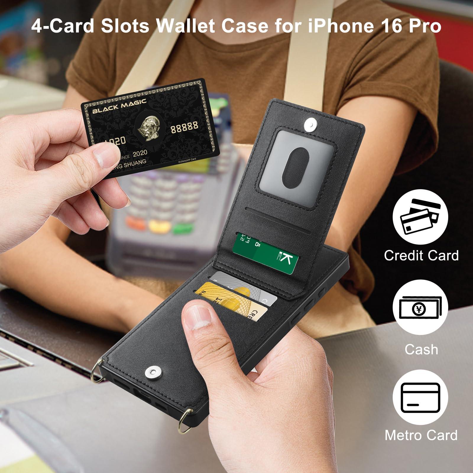 Vofolen for iPhone 16 Pro Leather Wallet Case Flip Cover Black | with Card Holder, Crossbody Lanyard Strap, with Magnetic Clasp, Kickstand, Heavy Duty Protective, for Women - Image 3