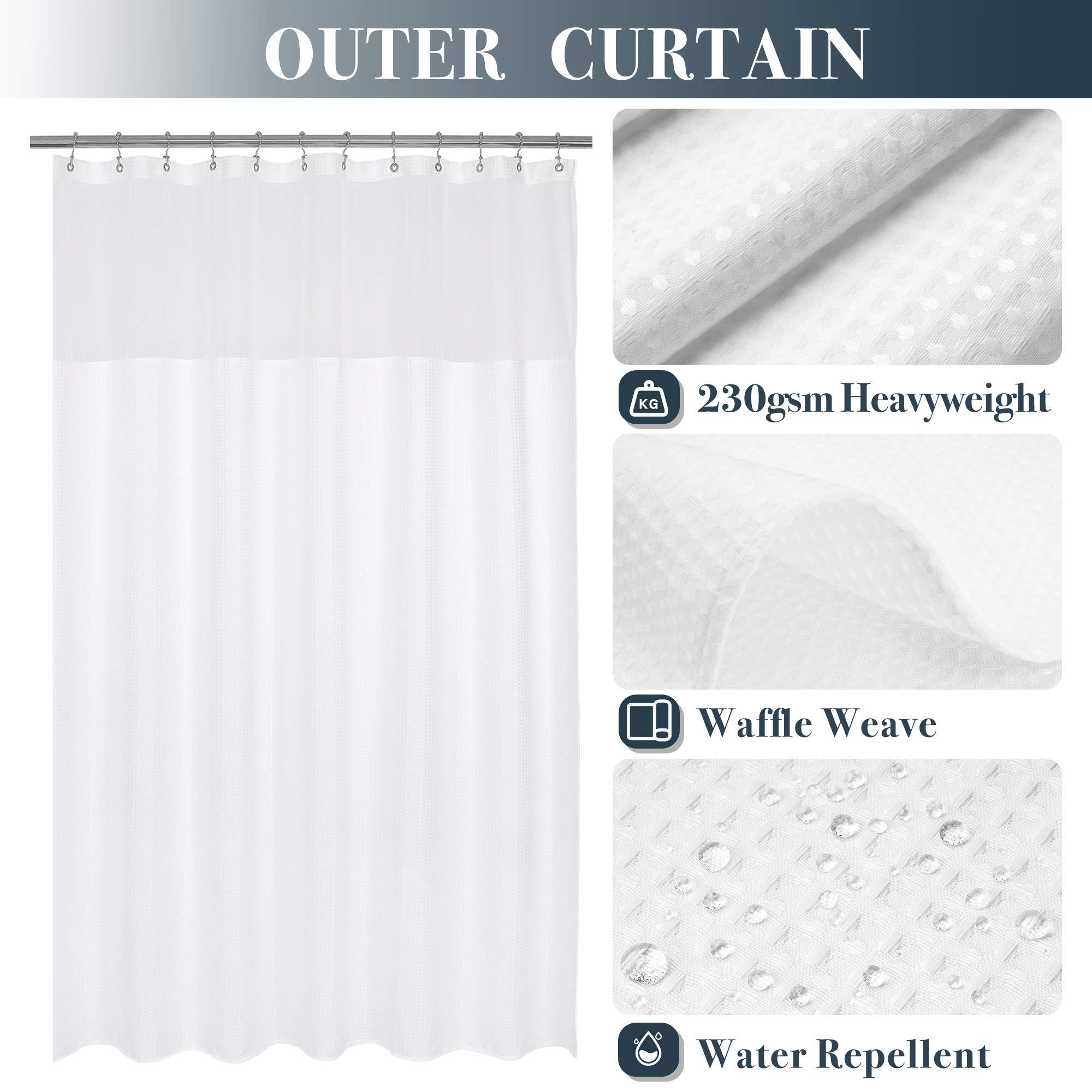 N&Y HOME Waffle Weave Shower Curtain with Snap-in Fabric Liner Set, 12 White Hooks Included - Hotel Style, Waterproof & Washable, Heavyweight Fabric & Mesh Top Window - 71x72, White - Image 3
