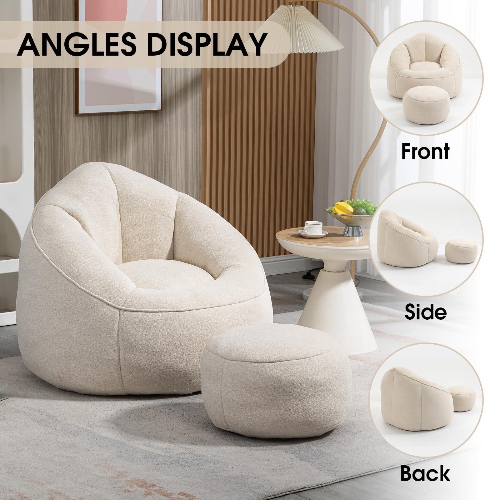 Sudwesto Bean Bag Chair for Adult, Microfiber Upholstered Bean Bag Sofa with Petal Back, Shell-Shaped Beanbag Chair with Footstool, Memory Foam Stuffed Lazy Sofa for Living Room, Bedroom (Beige) - Image 7