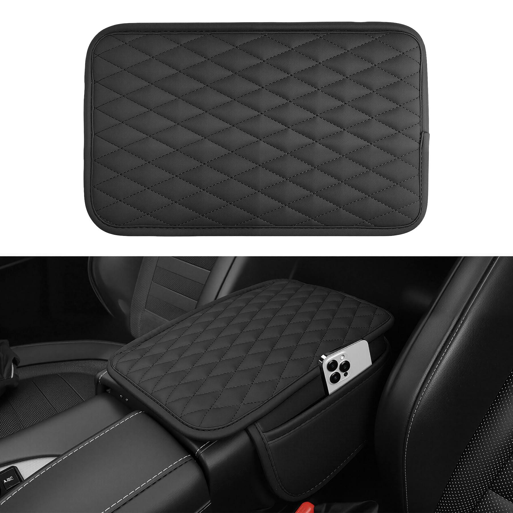 Amiss Car Center Console Cover, Upgraded Leather Car Armrest Cushion with 2 Storage Pockets, Universal Waterproof Cushion Pad, Non-Slip Car Interior Accessories, Fits Most Sedans SUVs Trucks (Black)