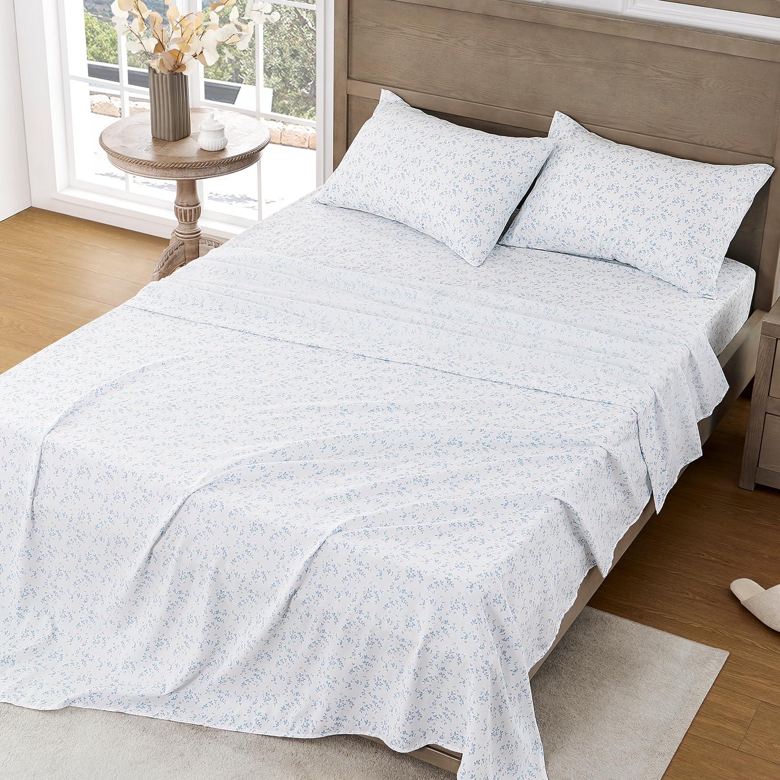 FreshCulture Floral Bed Sheets - Ultra Soft Queen Sheet Set - Brushed Microfiber Blue Floral Sheets - Deep Pockets up to 16" - Easy Care - Hotel Luxury 4 Piece Flower Printed Sheets Queen, Lille - Image 2