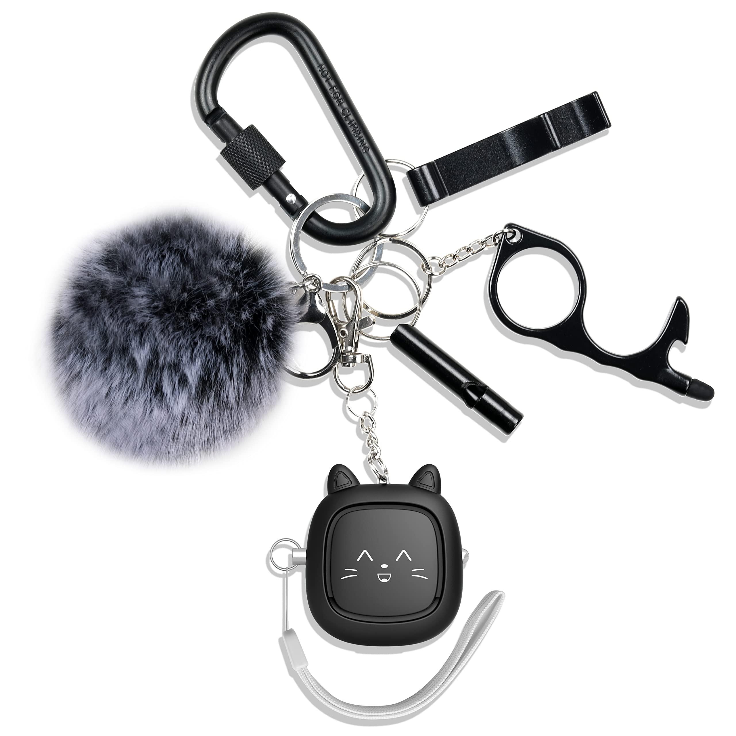 Keychain Set for Girls with Personal Alarm, Funseeya Keychain Accessories with Personal Sound Siren, Cute Pom Pom, Locking Carabiner Clip and Whistle