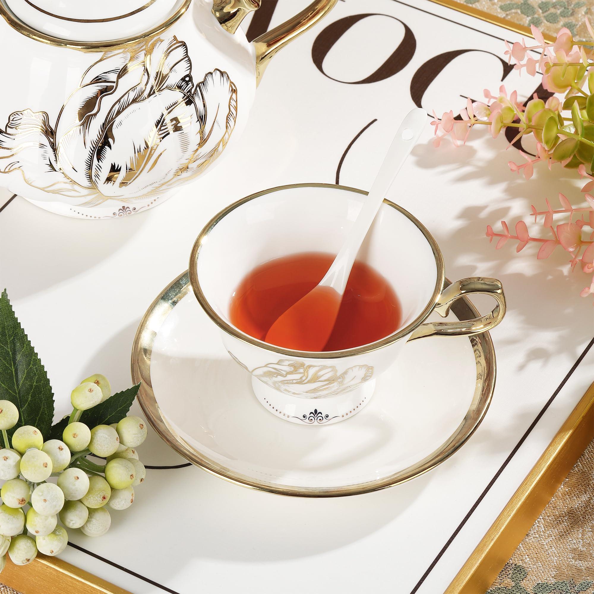 fanquare British Porcelain Tea Coffee Set 22 Piece New Bone China Gold Tulip Tea Service for Afternoon Tea, 6 TeaCup and Saucers with Metal Holder for Home Wedding Birthday - Image 5