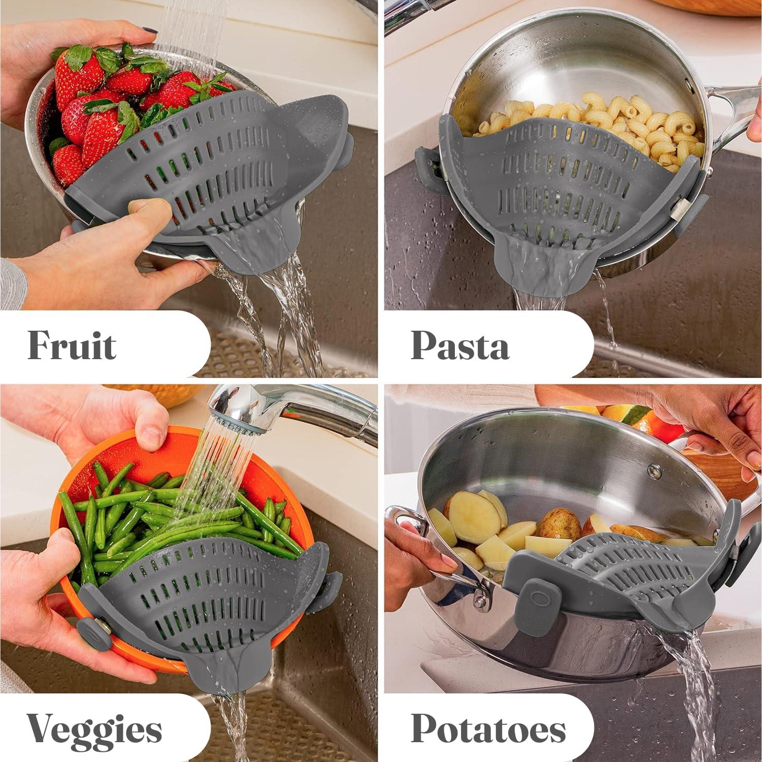 Snap N' Strain Clip-On Pasta Strainer by Kitchen Gizmo - Silicone Colander for Pots and Pans - Heat Resistant Kitchen Essential - Cooking Gadgets for Home - Compact Design - Grey - Image 8