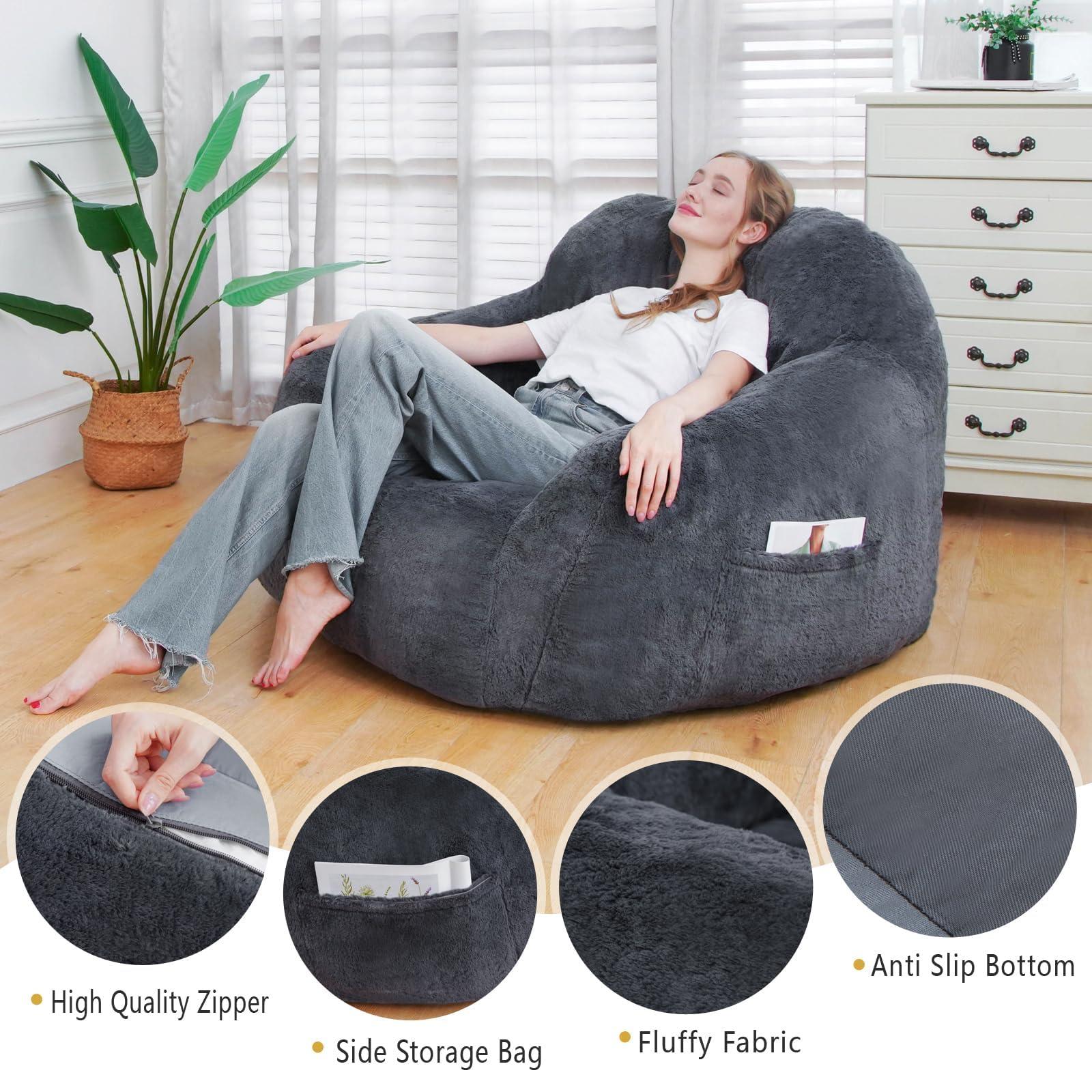 GOHOROS Giant Bean Bag Chair, Bean Bag Chairs for Adults with Armrests, Gaming Chair Stuffed Memory Foam | Storage | Non-Slip, Removable Bean Bag Sofa Comfy Chair for Bedroom, Livingroom (Grey) - Image 3