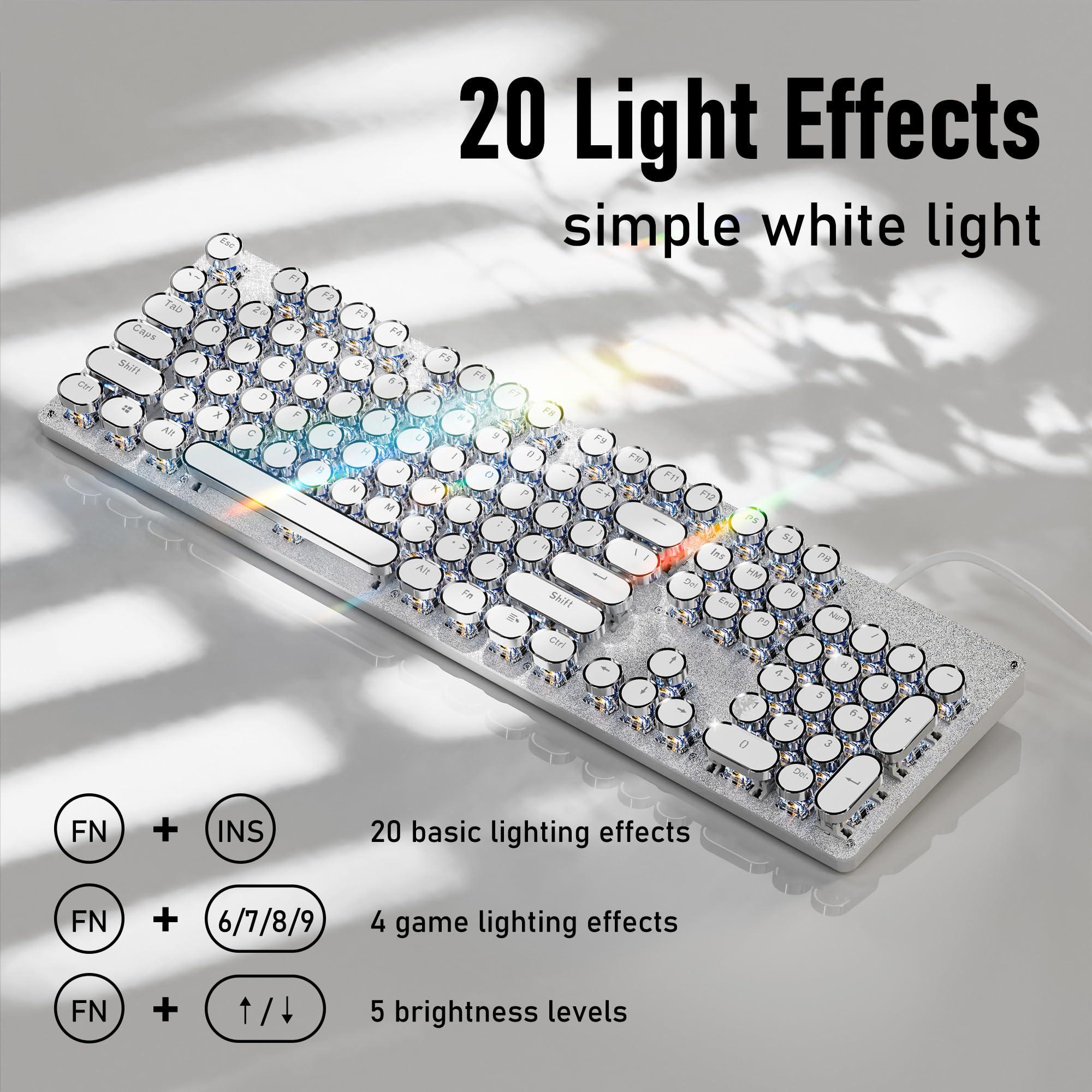 SEUNKWANG EWEADN TK100 Typewriter Style Wired Mechanical Keyboard, 104 Keys Aesthetic Typewriter Keyboard with White Backlit, Anti-Ghosting, Blue Switch Wired Cute Keyboards-White - Image 3