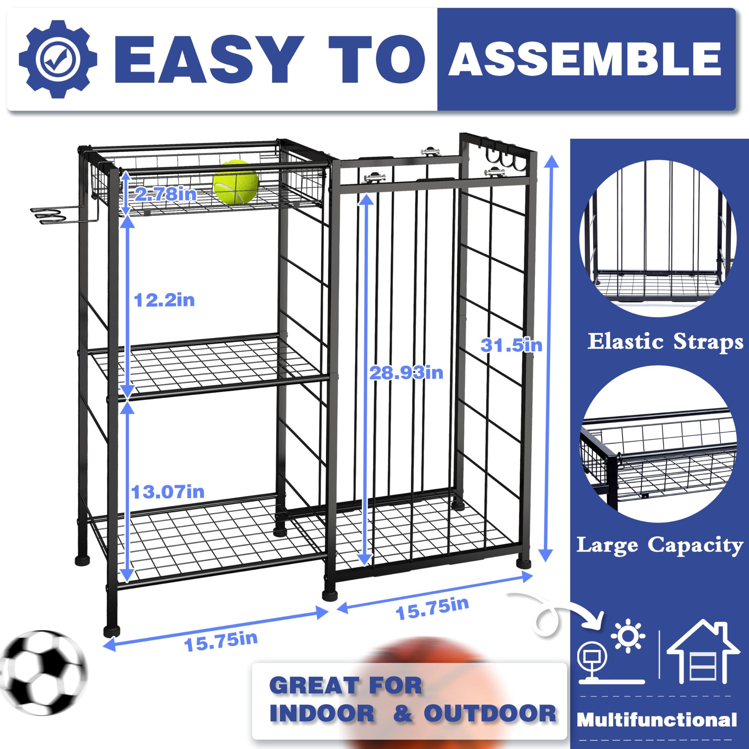 Sports Equipment Organizer, Ball Storage Rack with Elastic Straps and Removable Basket for Garage Organization, Garage Organizer with Hooks for Toy Sports Gear Storage, Sports Ball Storage Cart, Black - Image 2