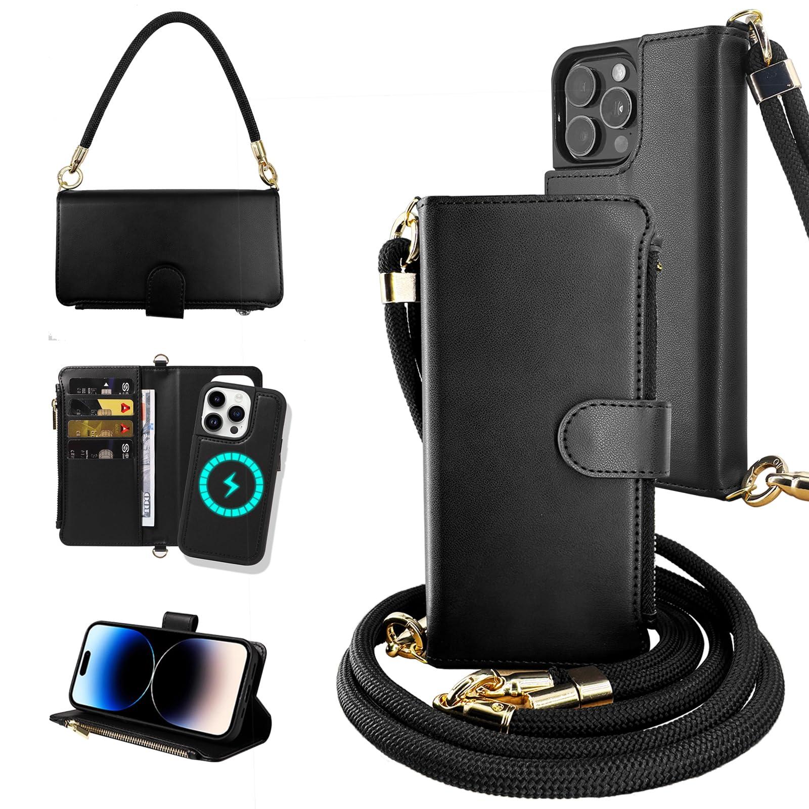 EEIFO for iPhone 16 Pro(6.3 inches) Detachable Wallet Case with Crossbody.Multi-Function 2 in 1 Magnetic Wallet Case with Card Holder.Flip Strap Zipper Phone Case with Shoulder Straps Black - Image 9