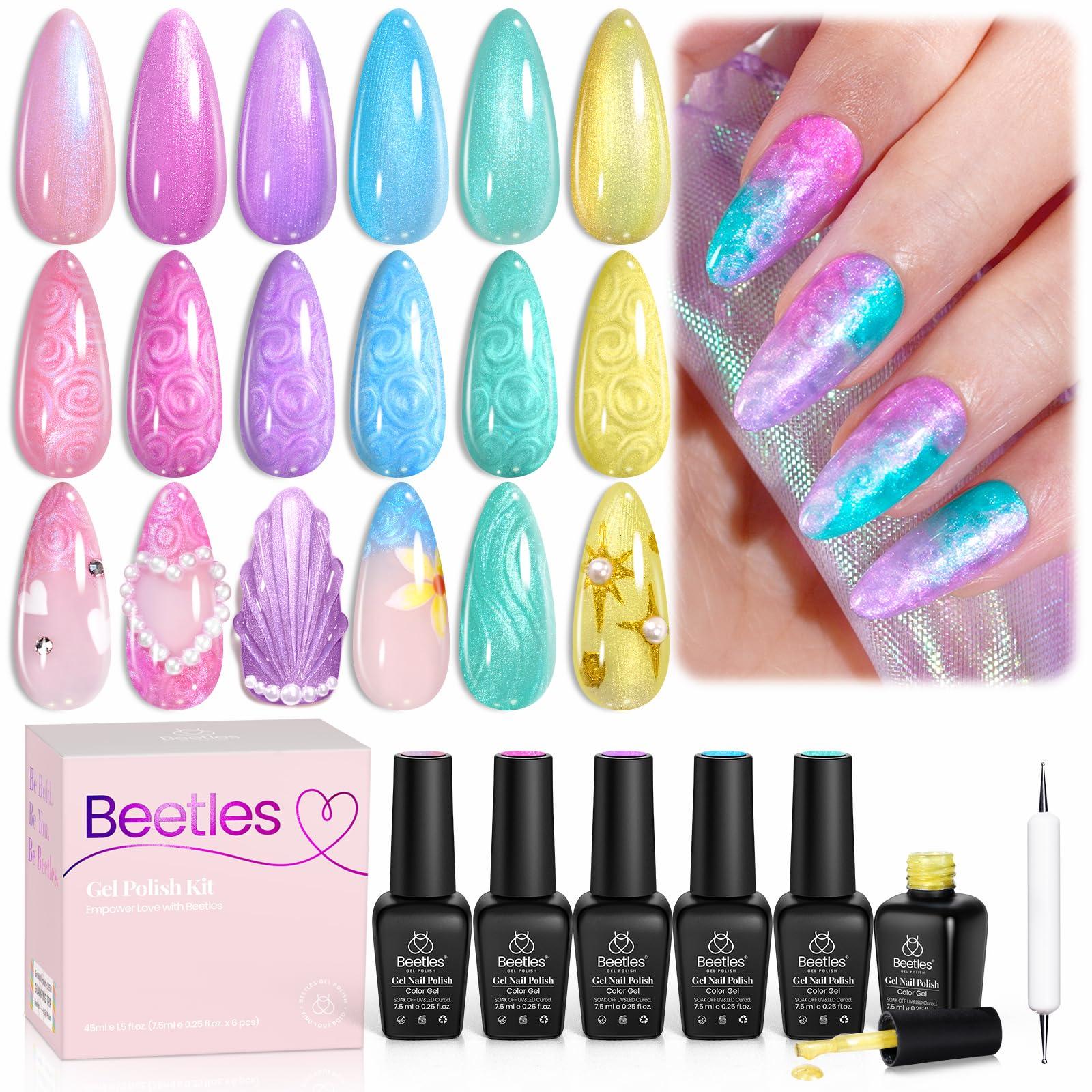 Beetles Summer Gel Nail Polish, 6 Colors Pink Blue Yellow Green Purple Shimmer Pearl Gel Polish Soak Off Uv Mermaid Nail Drawing Polish Swirl Shell Thread Effect DIY Manicure Gift for Women - Image 8