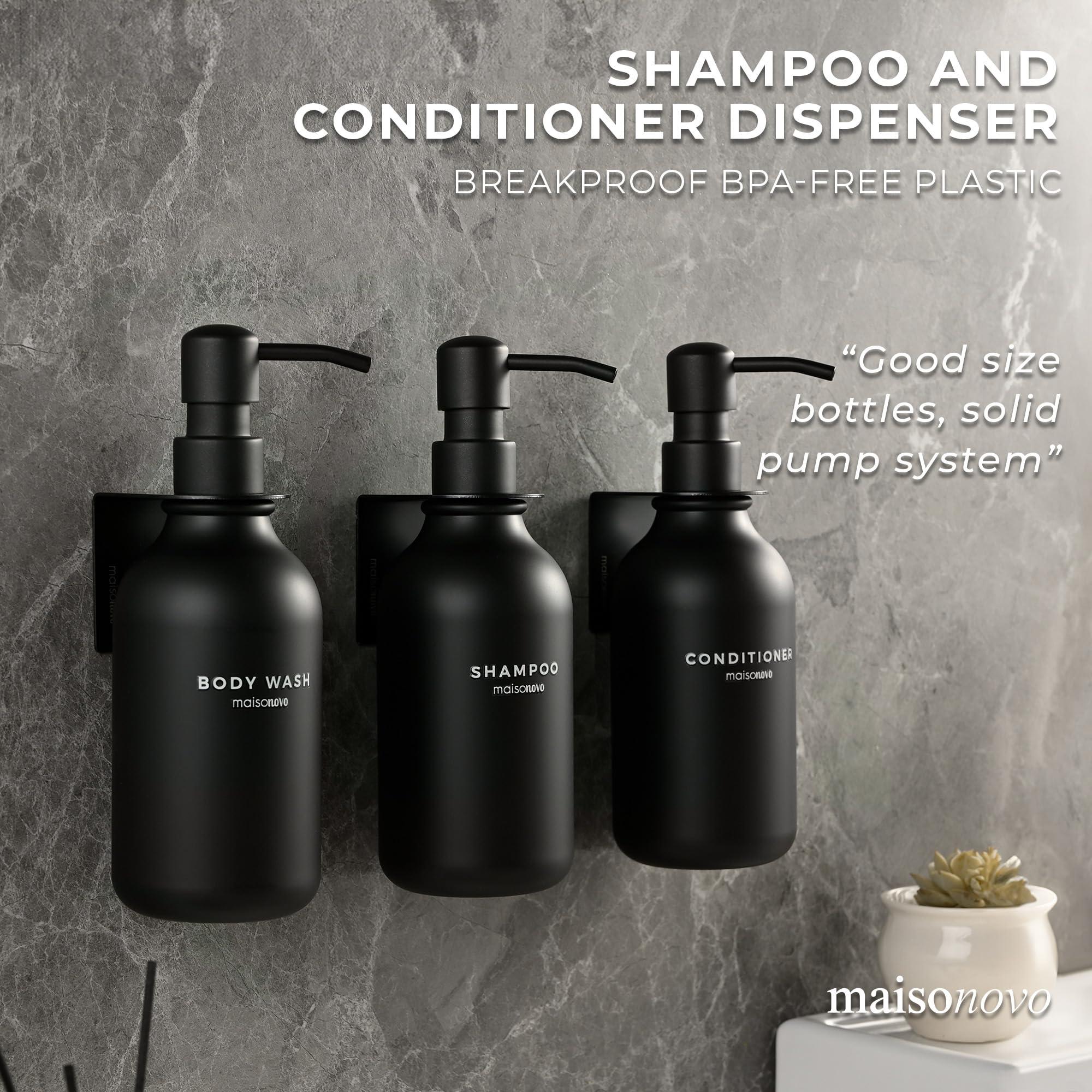 MaisoNovo Shampoo and Conditioner Dispenser - Shower Soap Dispenser Wall Mounted - 16.9 fl oz Set of 3 Black Plastic Bottles Black Pump - Shampoo Dispenser, Shower Dispenser - Image 3
