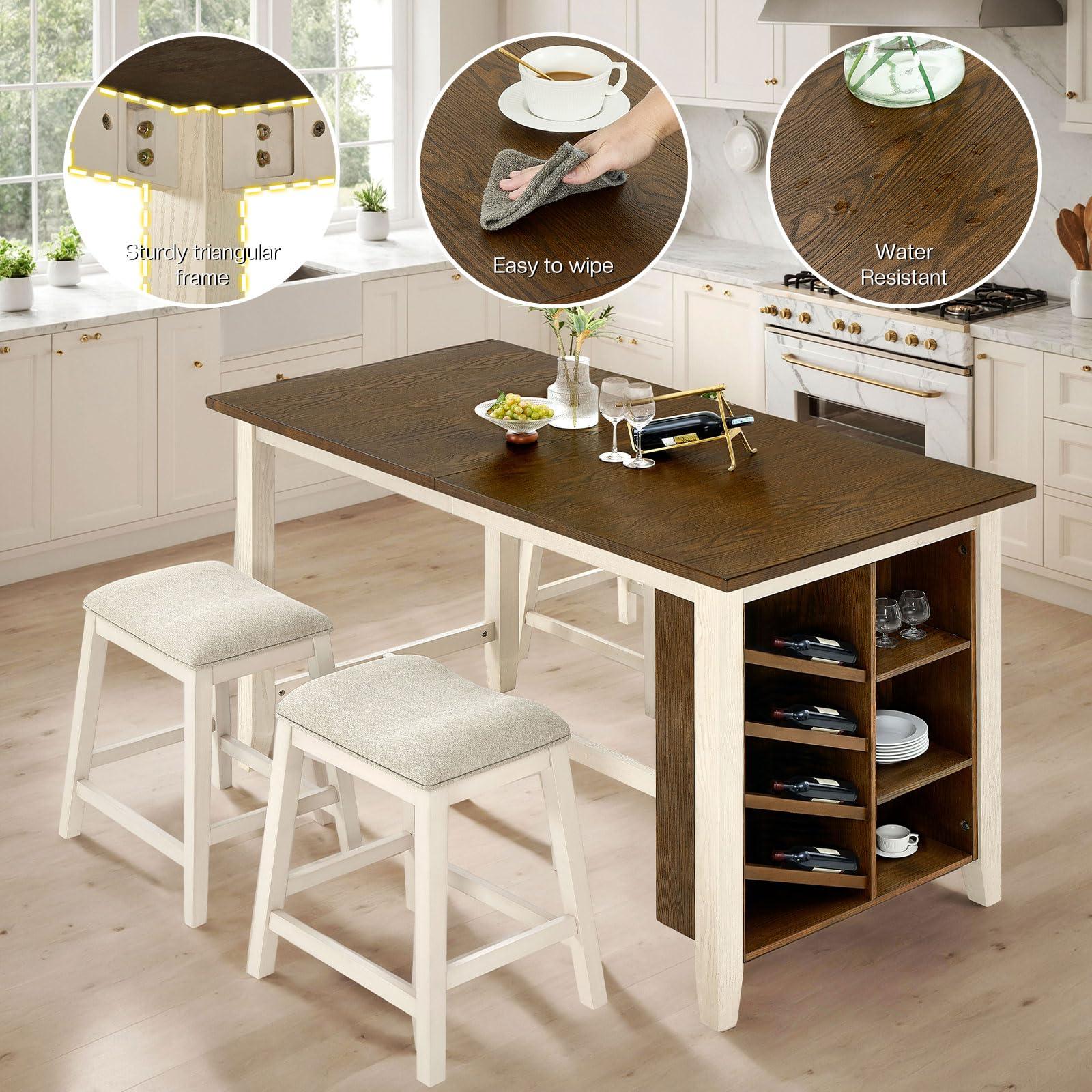 AMERLIFE 60" Solid Wood Counter Height Dining and Kitchen Table Set for 4 Upholstered Stools, 7-Layer Storage Farmhouse Dinner Table with Chairs Built-in Wine Rack & Cabinet, 5-Piece Rectangle - Image 7