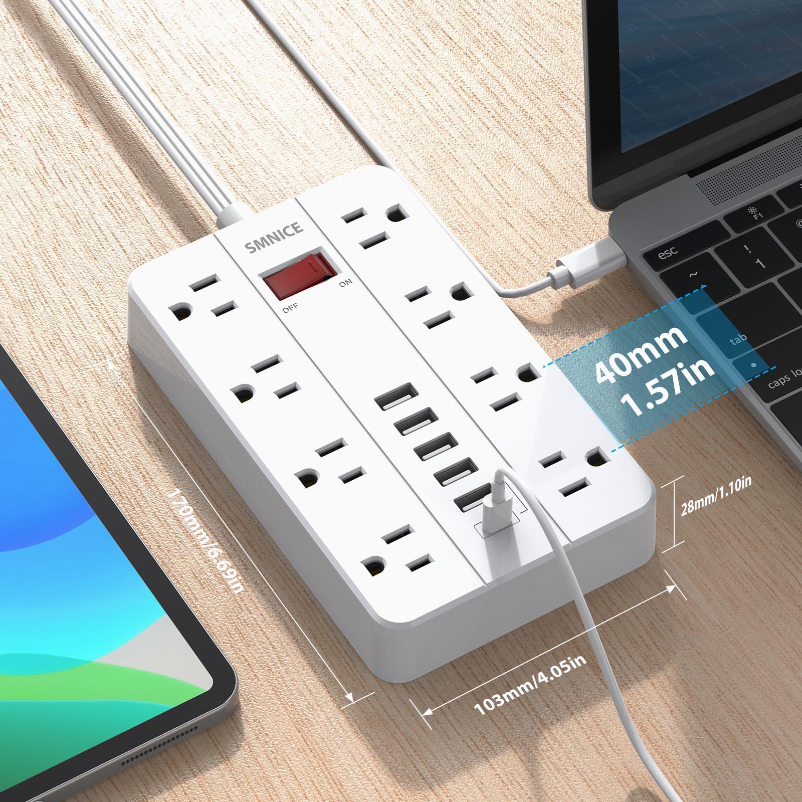 SMNICE Power Strip with USB,Surge Protector Flat Plug with 8 Widely Spaced Outlets and 6 USB Ports(1 USB C), 5ft Extension Cord Wall Mountable Phone Tablet Laptop Computer Multiple Devices - Image 5