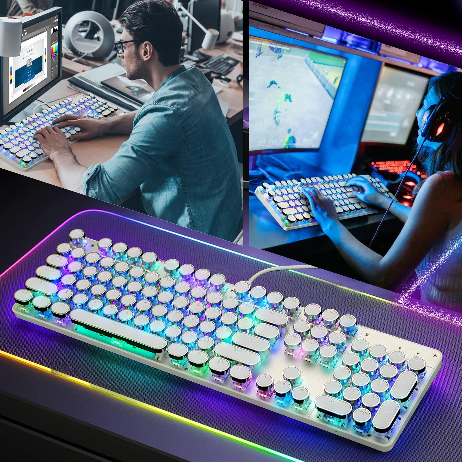 YSCP Typewriter Style Mechanical Gaming Keyboard RGB Backlit Wired with Blue Switch Retro Round Keycap 104 Keys Keyboard (White 104 Keys RGB) - Image 7