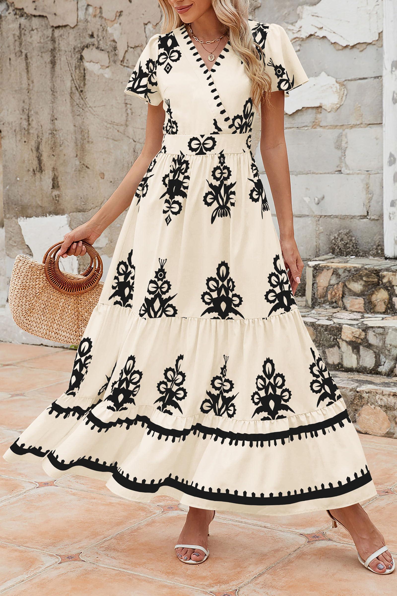 PRETTYGARDEN Womens 2025 Summer Casual V Neck Boho Maxi Dress Flowy Aline Bell Sleeve Tiered Floral Dresses with Pocket - Image 8